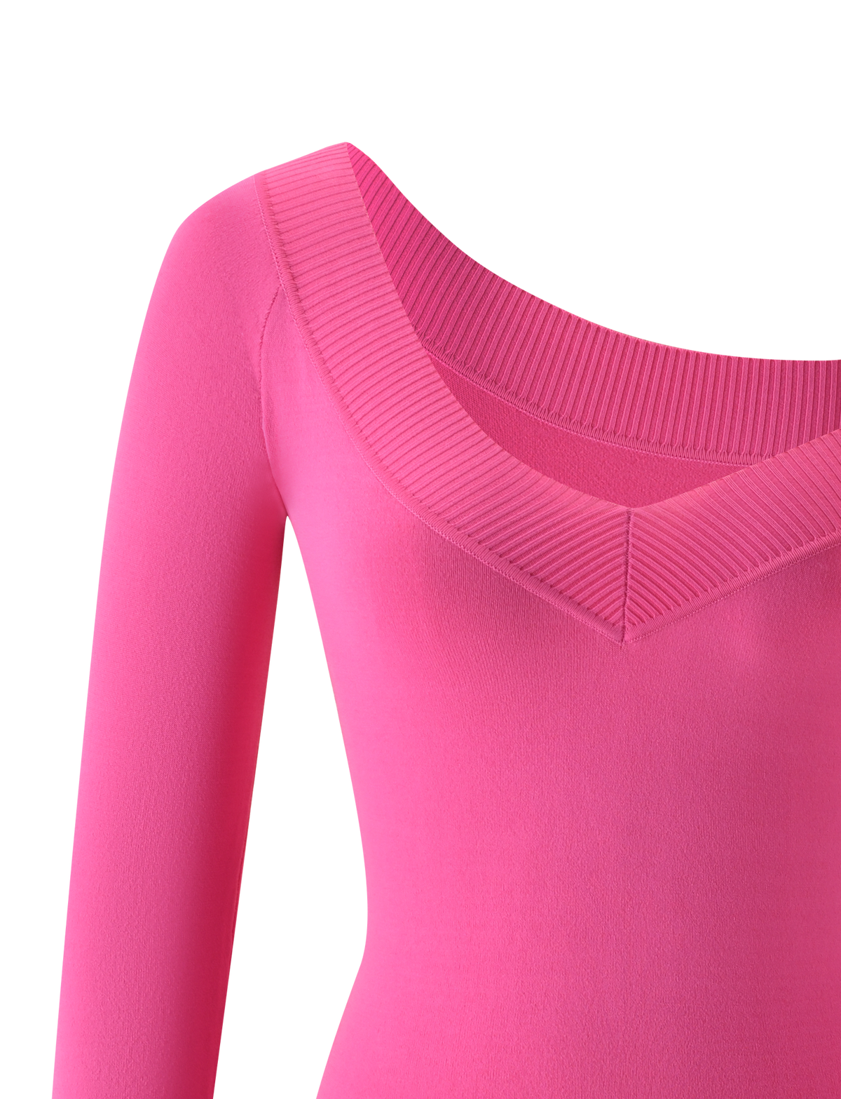 The TIGERMIST PARKER KNIT MINI DRESS in fuchsia is displayed on a plain white background. This bright pink, long-sleeve dress features a wide, ribbed V-neckline and a smooth, fitted fabric that hugs the body for a sleek silhouette.
