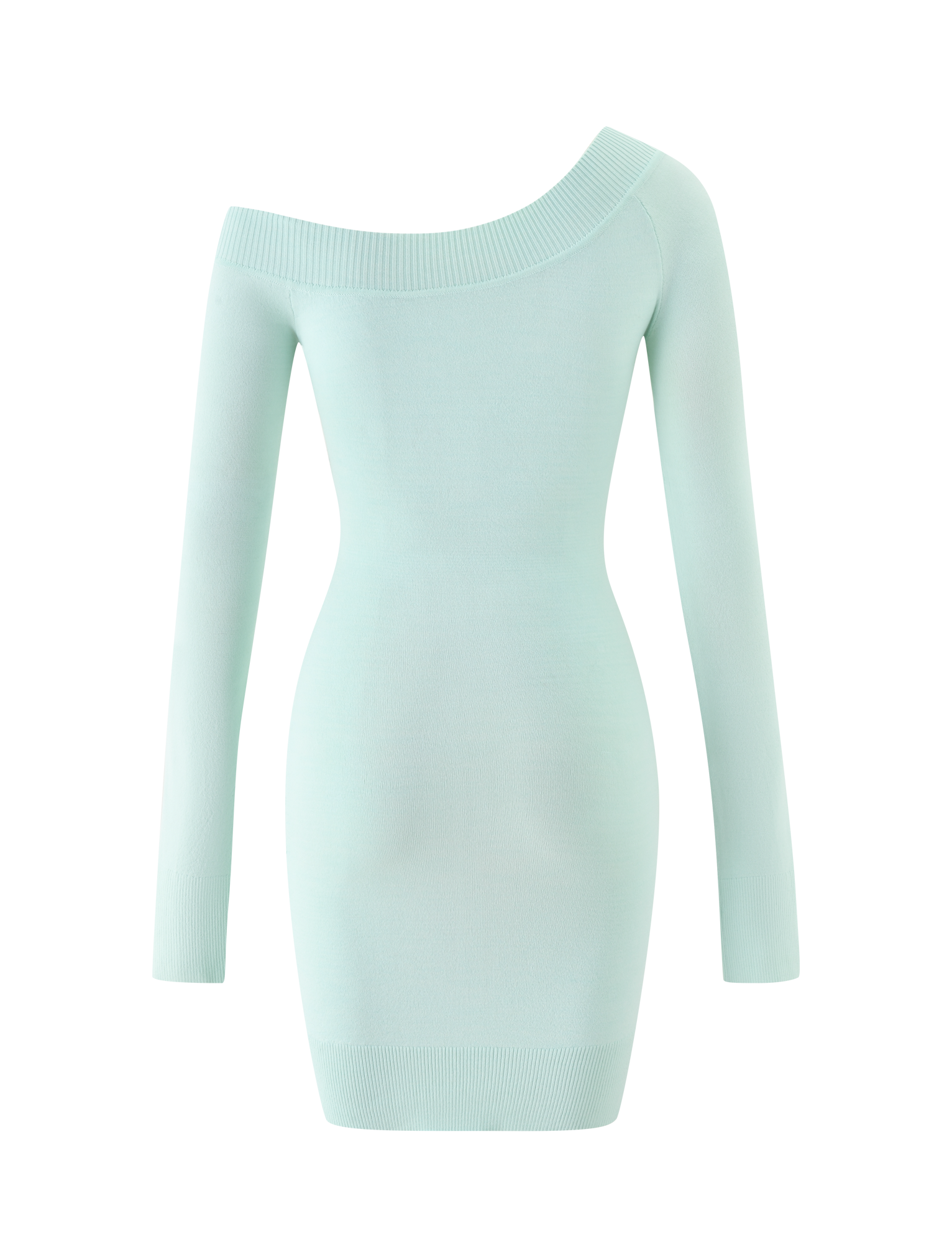 The PARKER KNIT DRESS by TIGERMIST is a mint green, long-sleeve, off-the-shoulder bodycon mini dress featuring ribbed detailing on the neckline, cuffs, and hem, shown against a white background.