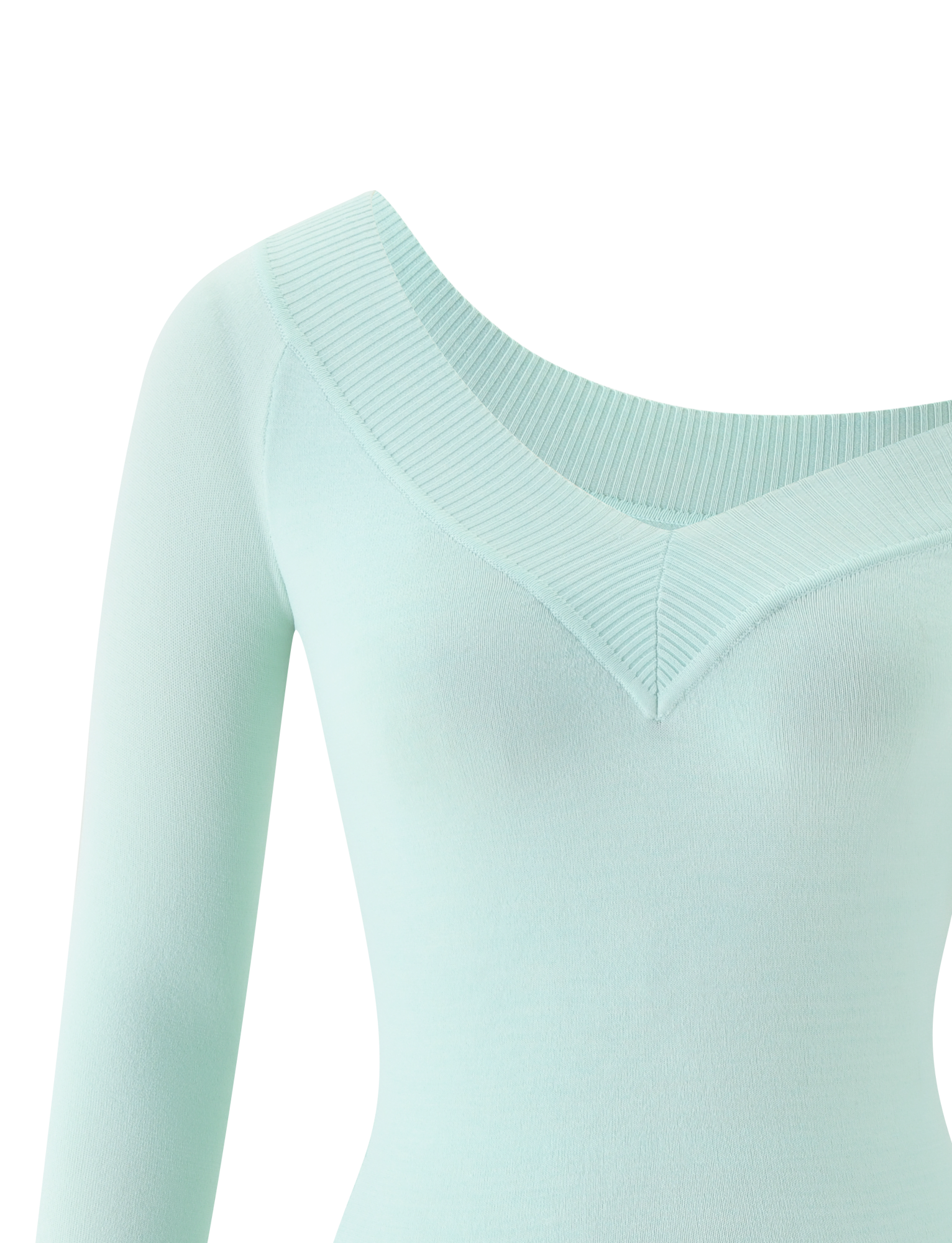 The image shows the TIGERMIST PARKER KNIT DRESS in mint green. The dress features long sleeves, a wide ribbed V-neck collar with an asymmetrical look, and a soft, fitted knit fabric. Only the upper body and one arm are visible against a white background.