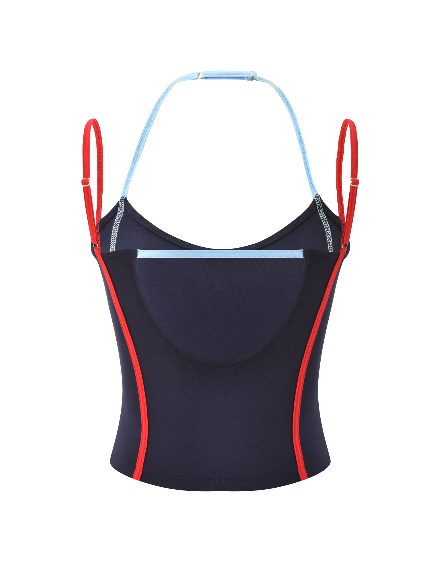 The TATUM TOP - NAVY STRIPE by TIGERMIST is a navy singlet with contrast side stripes, red straps, light blue neckline and back piping, and an adjustable halter strap, shown on a white background.