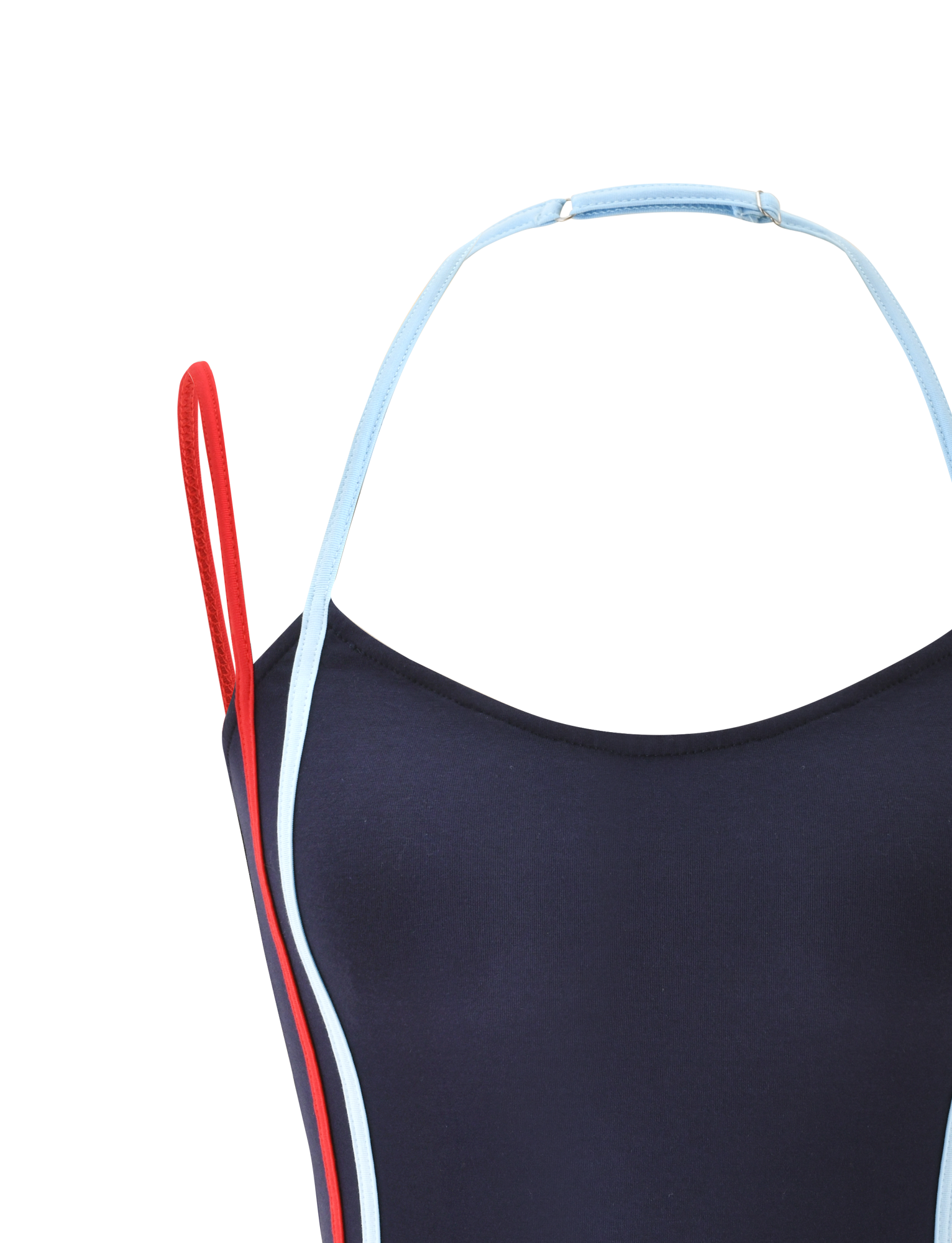 The TIGERMIST TATUM TOP - NAVY STRIPE features thin light blue straps, a red strap on the left, and contrast side seam stripes, shown in a close-up against a plain white background.