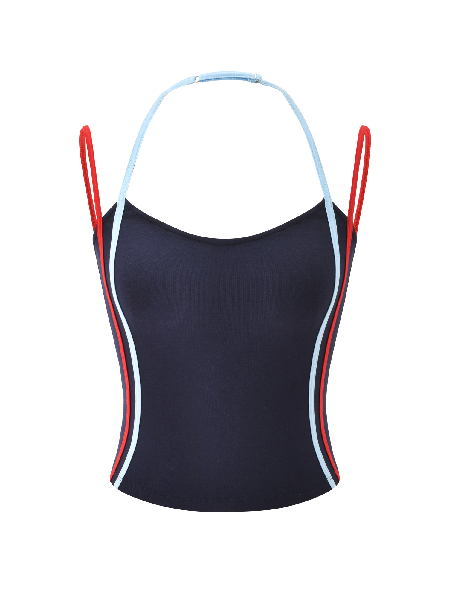 The TATUM TOP - NAVY STRIPE by TIGERMIST is a sleeveless singlet with an adjustable halter neckline, thin light blue and red straps, and contrasting side stripes, shown on a white background.