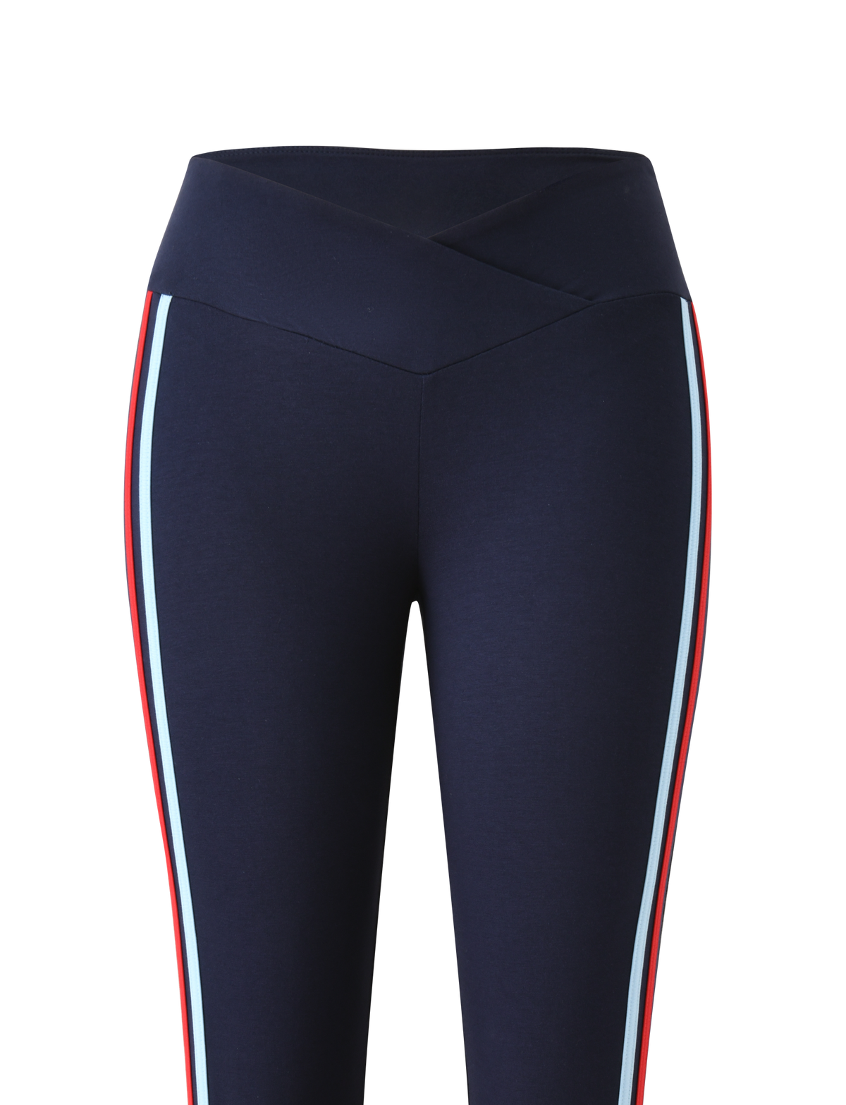 The TIGERMIST TATUM CAPRI - NAVY STRIPE features navy blue capri leggings with a V-front waistband and vertical red and light blue stripes along the side seams, shown against a white background.