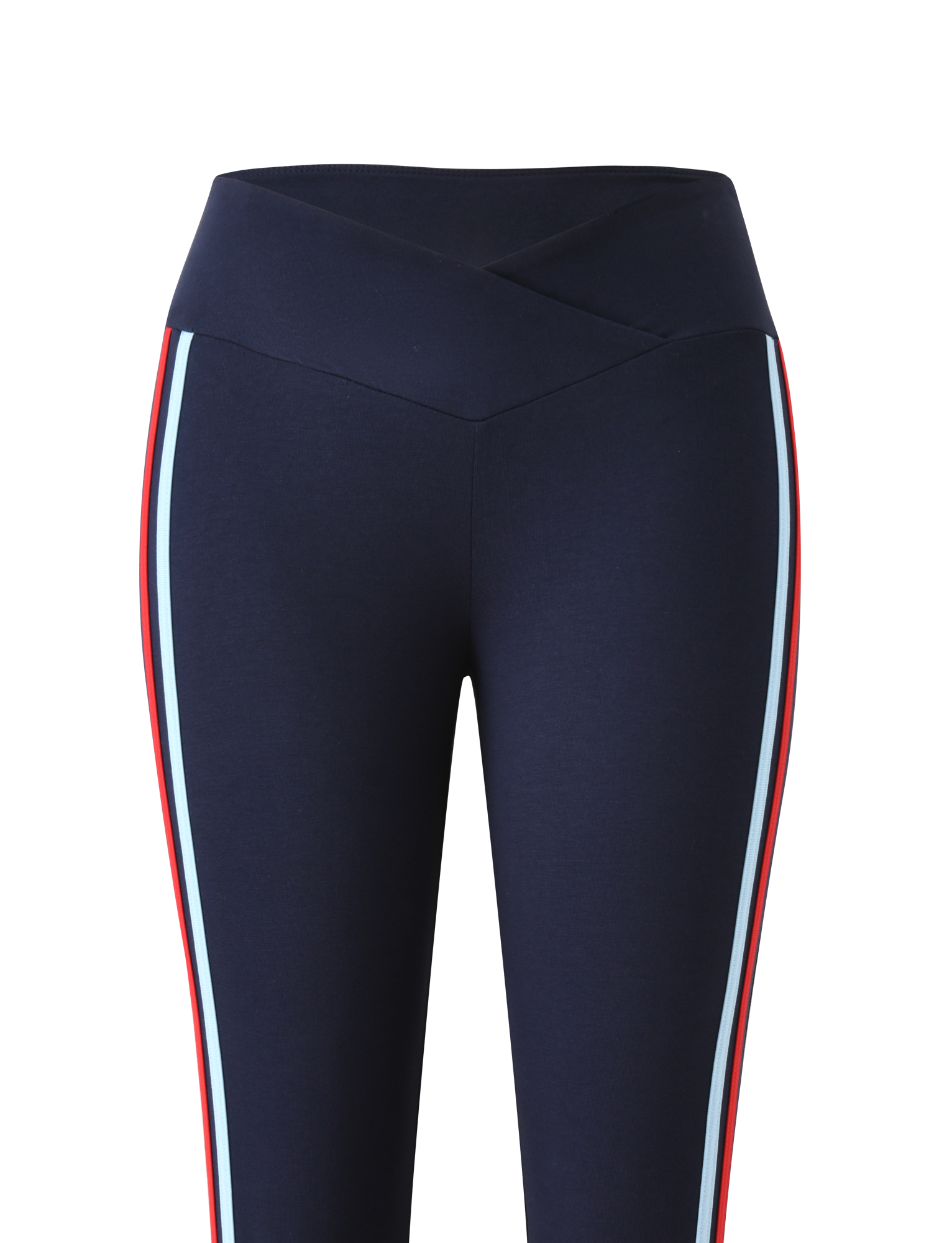 The TIGERMIST TATUM CAPRI - NAVY STRIPE features navy blue capri leggings with a V-front waistband and vertical red and light blue stripes along the side seams, shown against a white background.