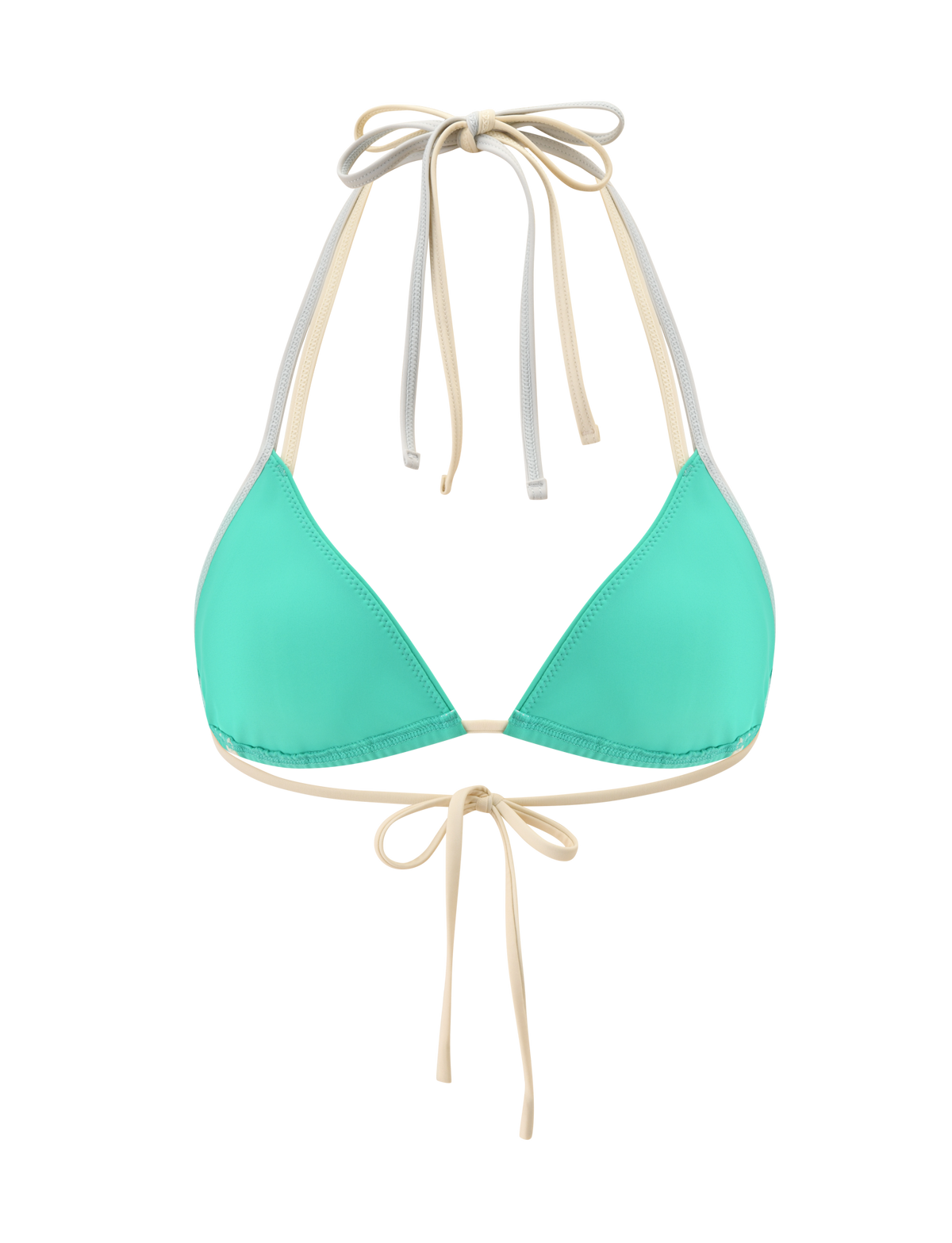 The TIGERMIST JACE BIKINI TOP - KELLY GREEN is a mint green triangle bikini top with beige and gray adjustable halter straps, featuring sleek ties at the neck and back. Shown against a plain white background.