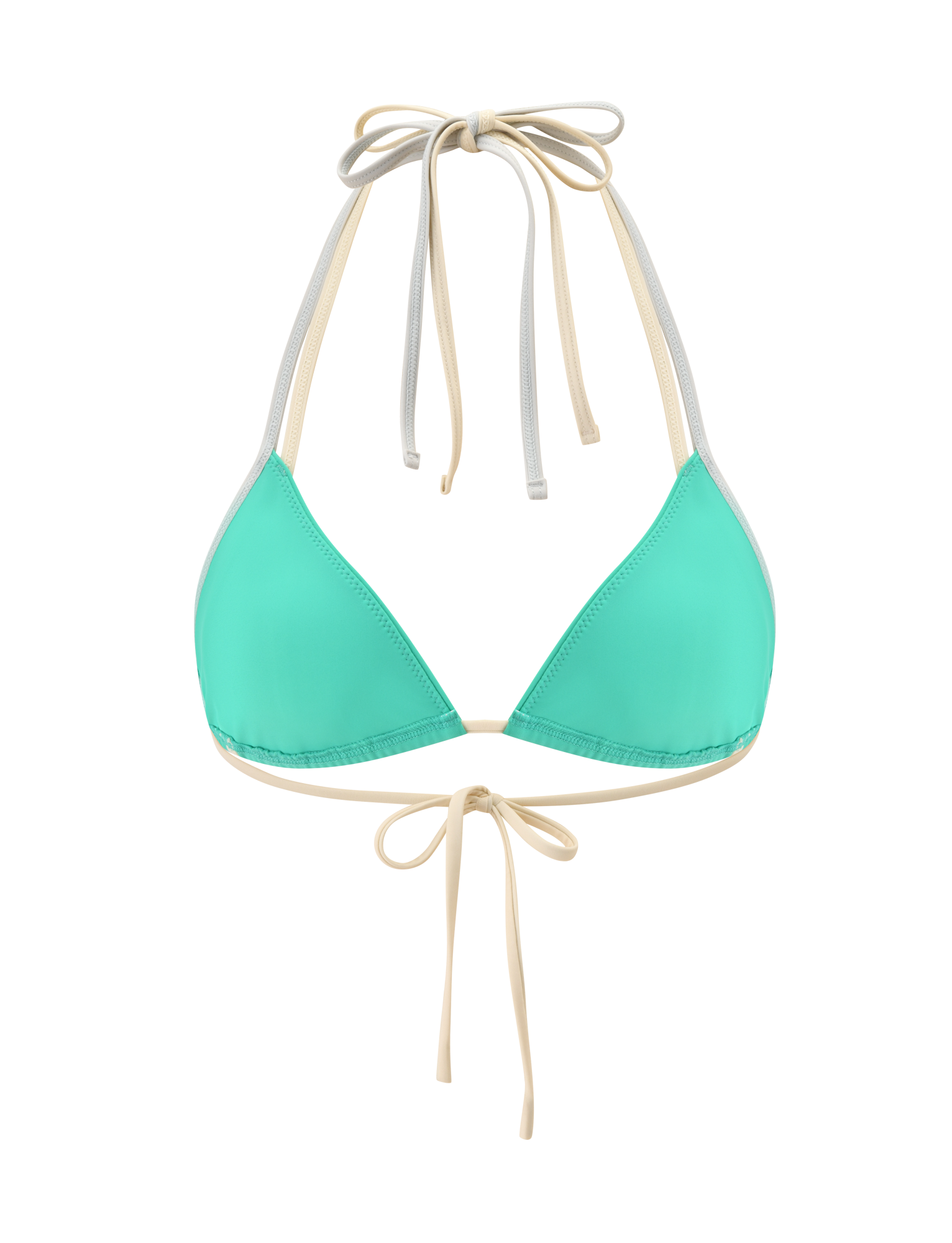 The TIGERMIST JACE BIKINI TOP - KELLY GREEN is a mint green triangle bikini top with beige and gray adjustable halter straps, featuring sleek ties at the neck and back. Shown against a plain white background.