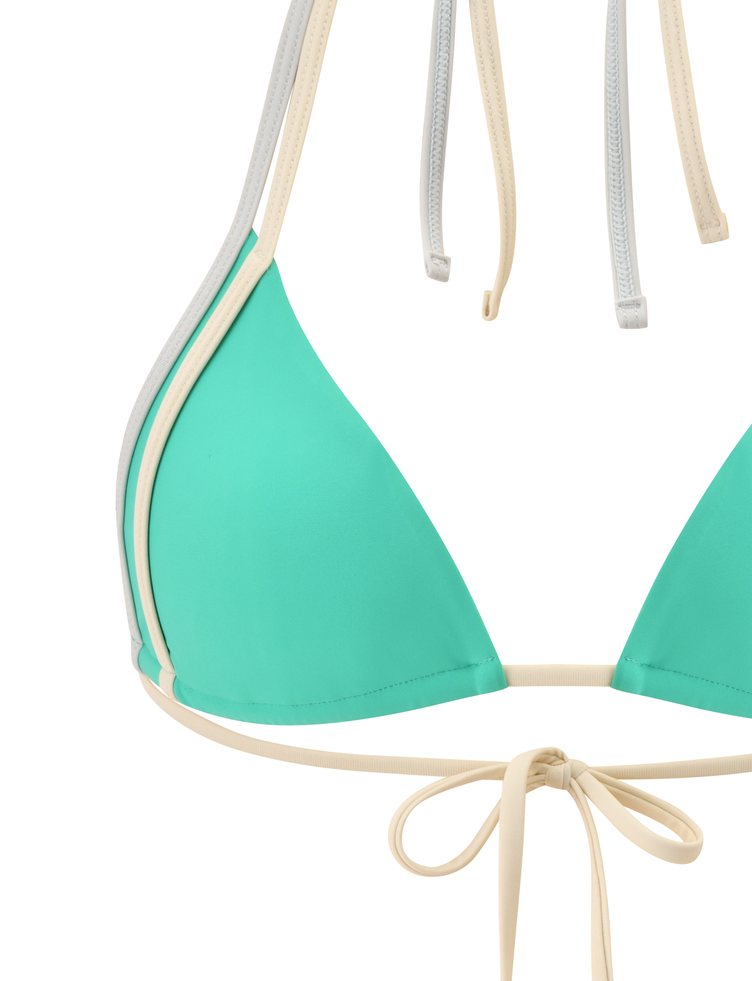 A close-up of the TIGERMIST JACE BIKINI TOP in Kelly Green, featuring beige and gray straps tied in a bow at the bottom, displayed against a white background.