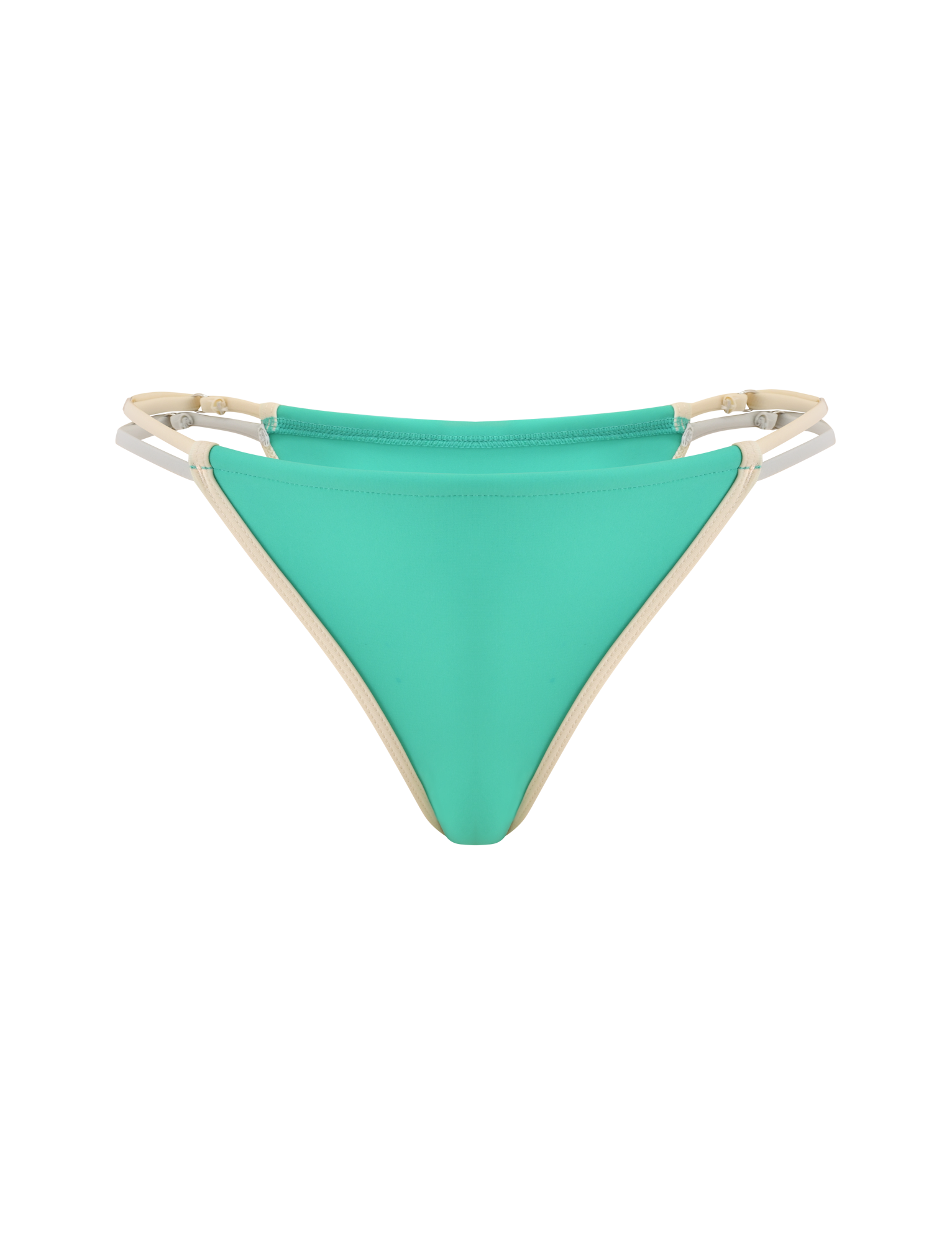 The TIGERMIST JACE BIKINI BOTTOM in Kelly Green is a low-rise style featuring beige and white double side straps, shown against a plain white background.