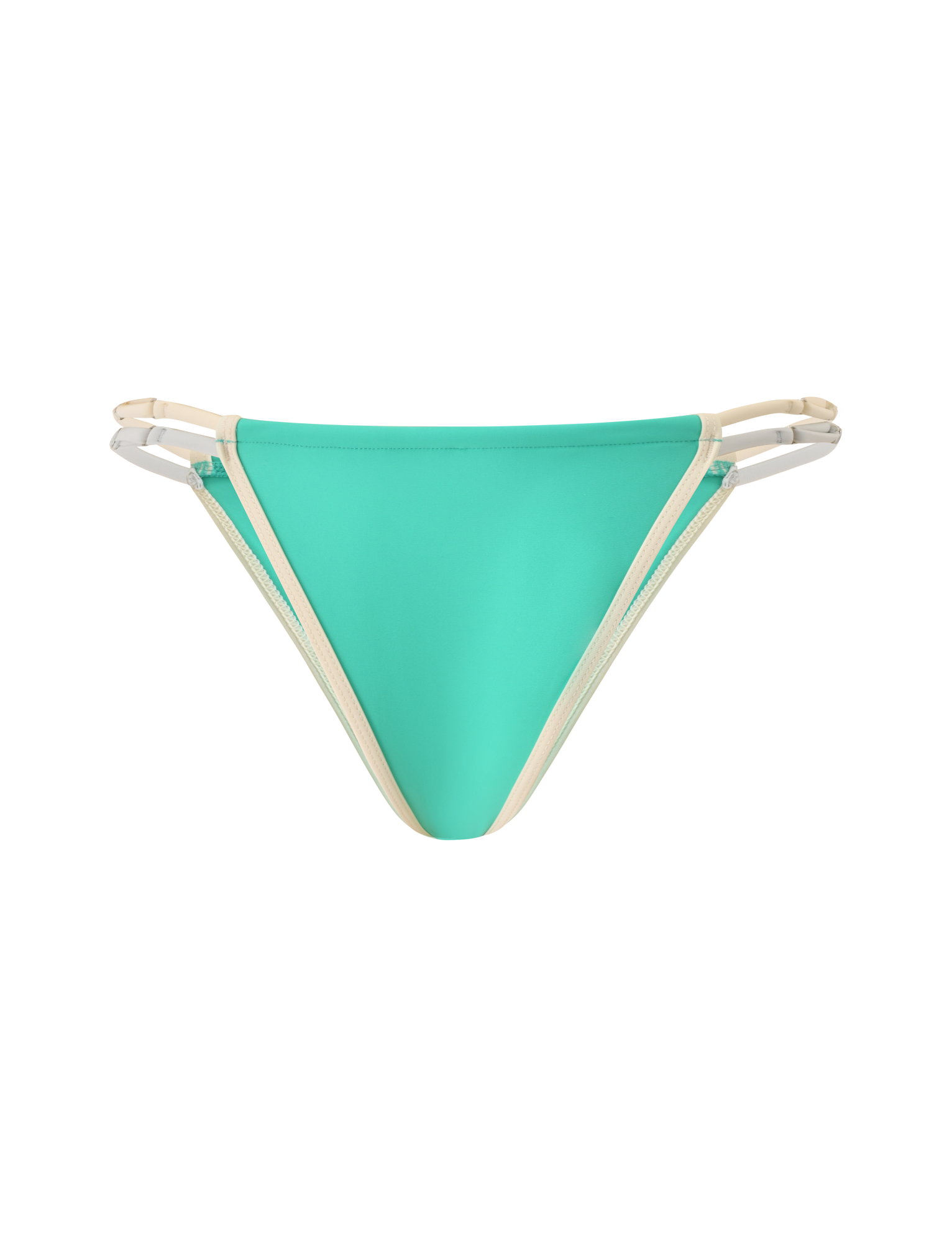 The TIGERMIST JACE BIKINI BOTTOM in kelly green features a super cheeky, low-rise fit with beige trim and double side straps, shown against a plain white background.