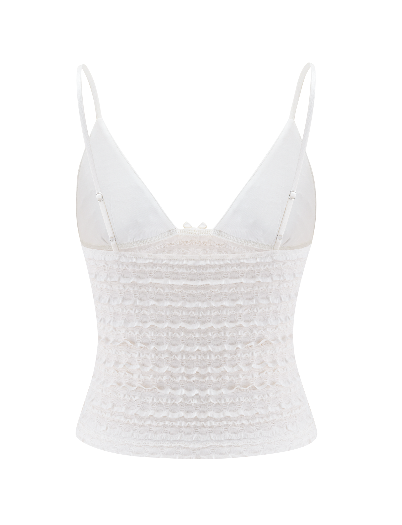 The ZORA TOP - CREAM by TIGERMIST is a sleeveless cami featuring adjustable spaghetti straps, a sheer mesh bust, and a ruched textured body, displayed on a plain white background.