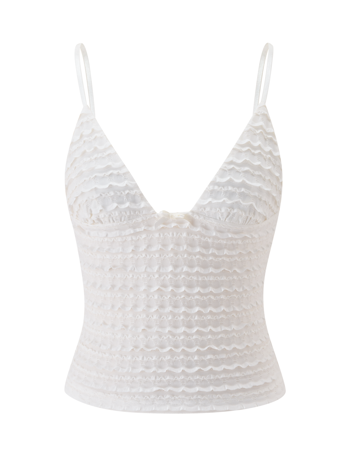 The ZORA TOP - CREAM by TIGERMIST is a cream lace camisole with adjustable straps, a V-neckline, fitted silhouette, and layered horizontal ruffles.