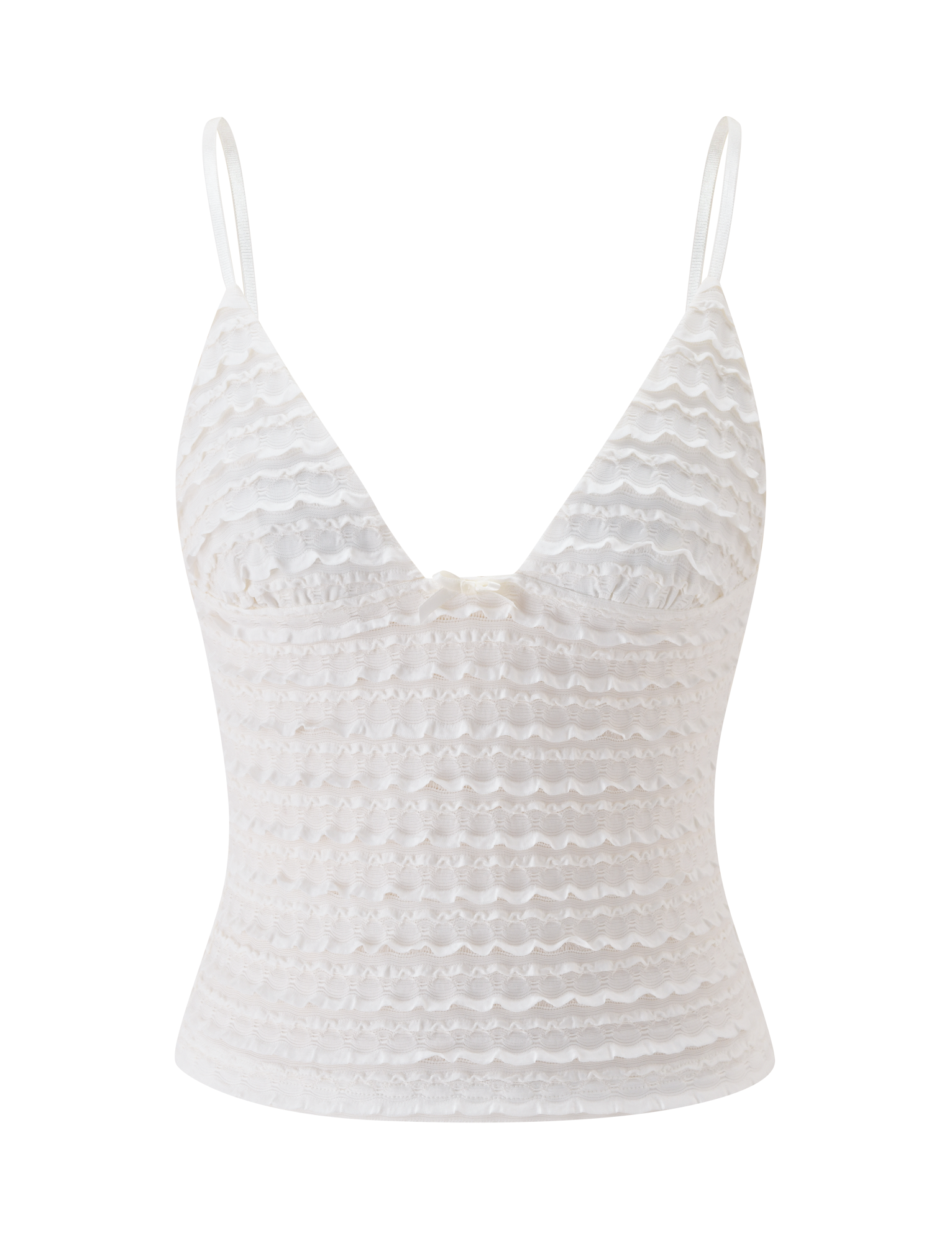 The ZORA TOP - CREAM by TIGERMIST is a cream lace camisole with adjustable straps, a V-neckline, fitted silhouette, and layered horizontal ruffles.