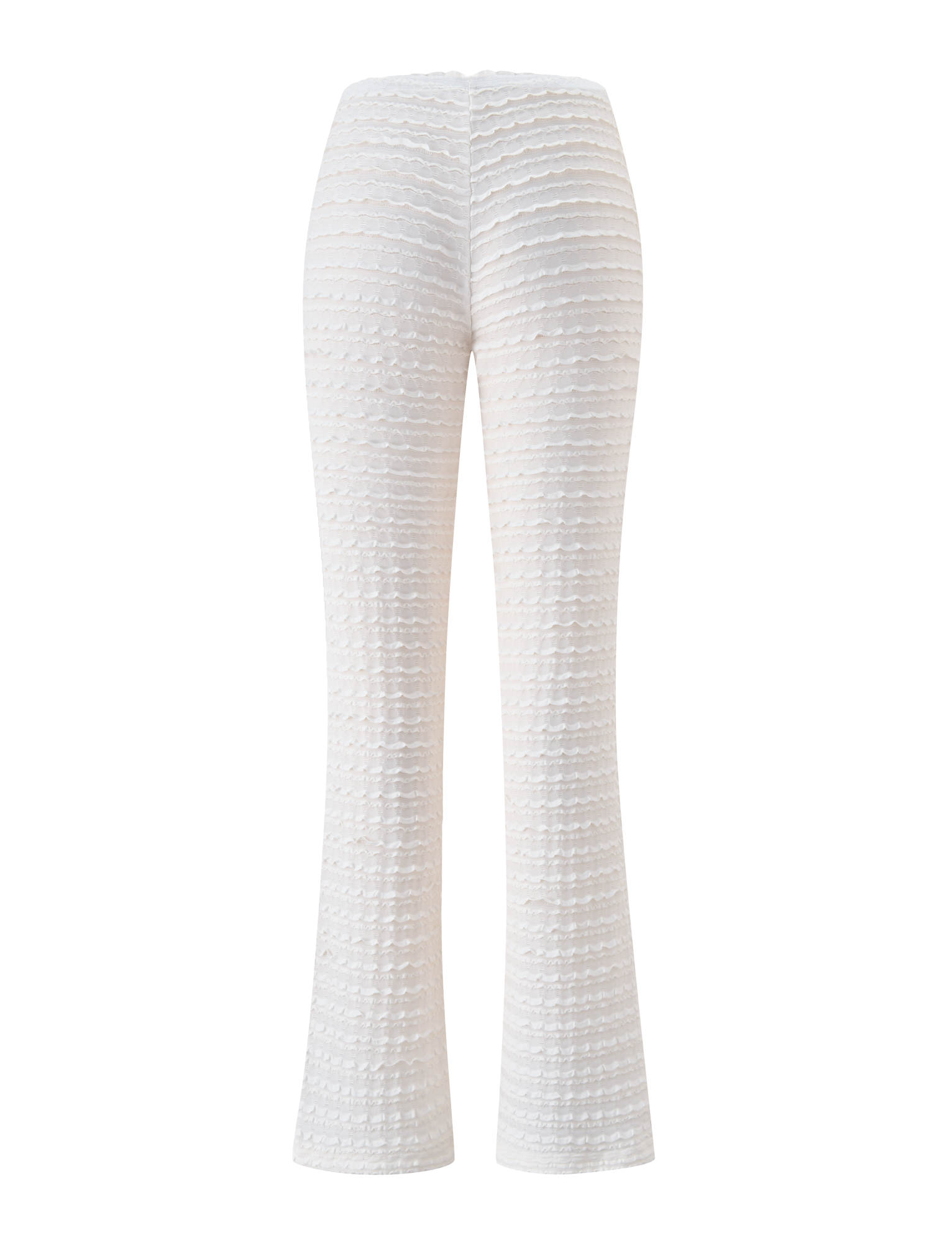 The ZORA PANT - CREAM by TIGERMIST features high-waisted, flared legs with a subtle ruffle design and textured horizontal ridges, shown from the back against a plain white background.