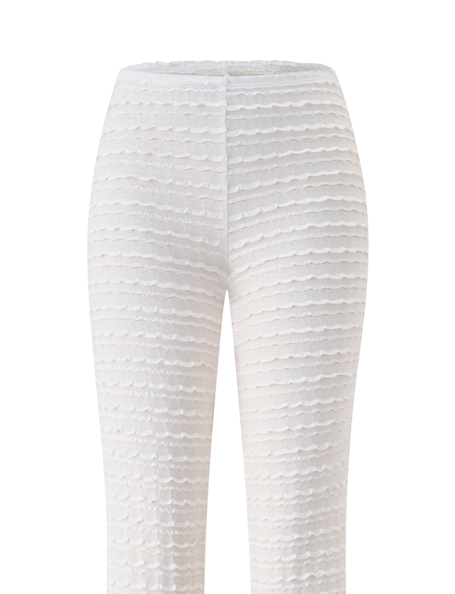 The TIGERMIST ZORA PANT - CREAM features a high waist and fitted silhouette with textured horizontal scalloped ruffles throughout, designed without visible pockets or embellishments. Set against a plain white background.