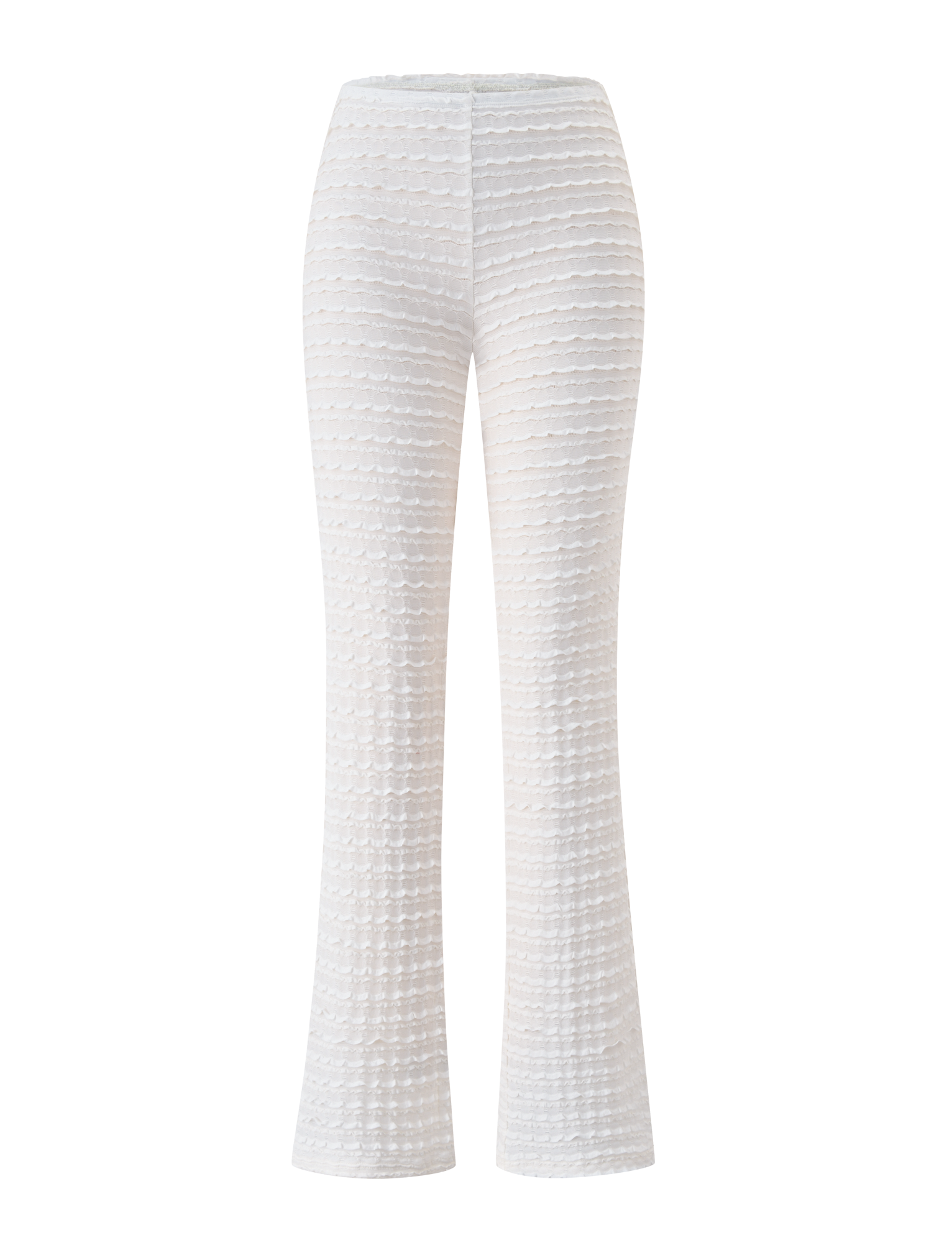 The TIGERMIST ZORA PANT - CREAM is a high-waisted, full-length pant with a subtle horizontal pattern and slight flare, perfect as a chic beach cover-up, shown on a plain white background.