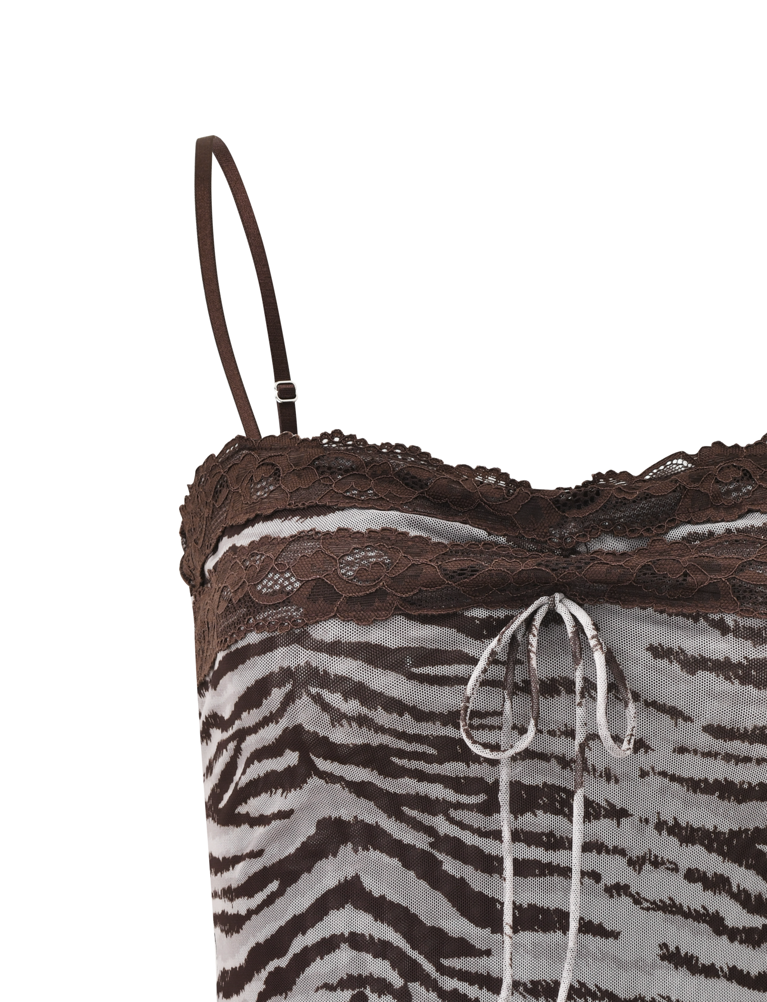 The TIGERMIST VIRA TOP - NEUTRAL ZEBRA features a brown and white zebra print, adjustable shoulder straps, delicate brown lace along the neckline, and a small center bow for a charming touch.