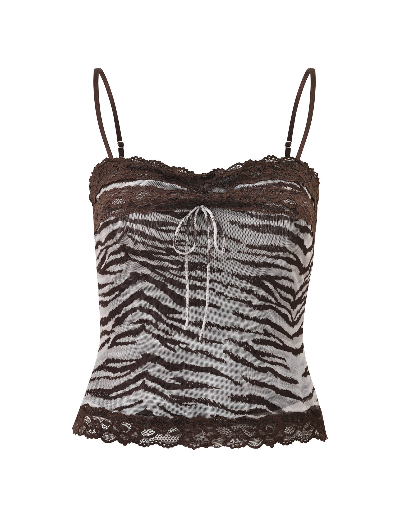 The VIRA TOP - NEUTRAL ZEBRA by TIGERMIST features a zebra print, thin adjustable straps, brown lace trim at the neckline and hem, and a small front center bow.