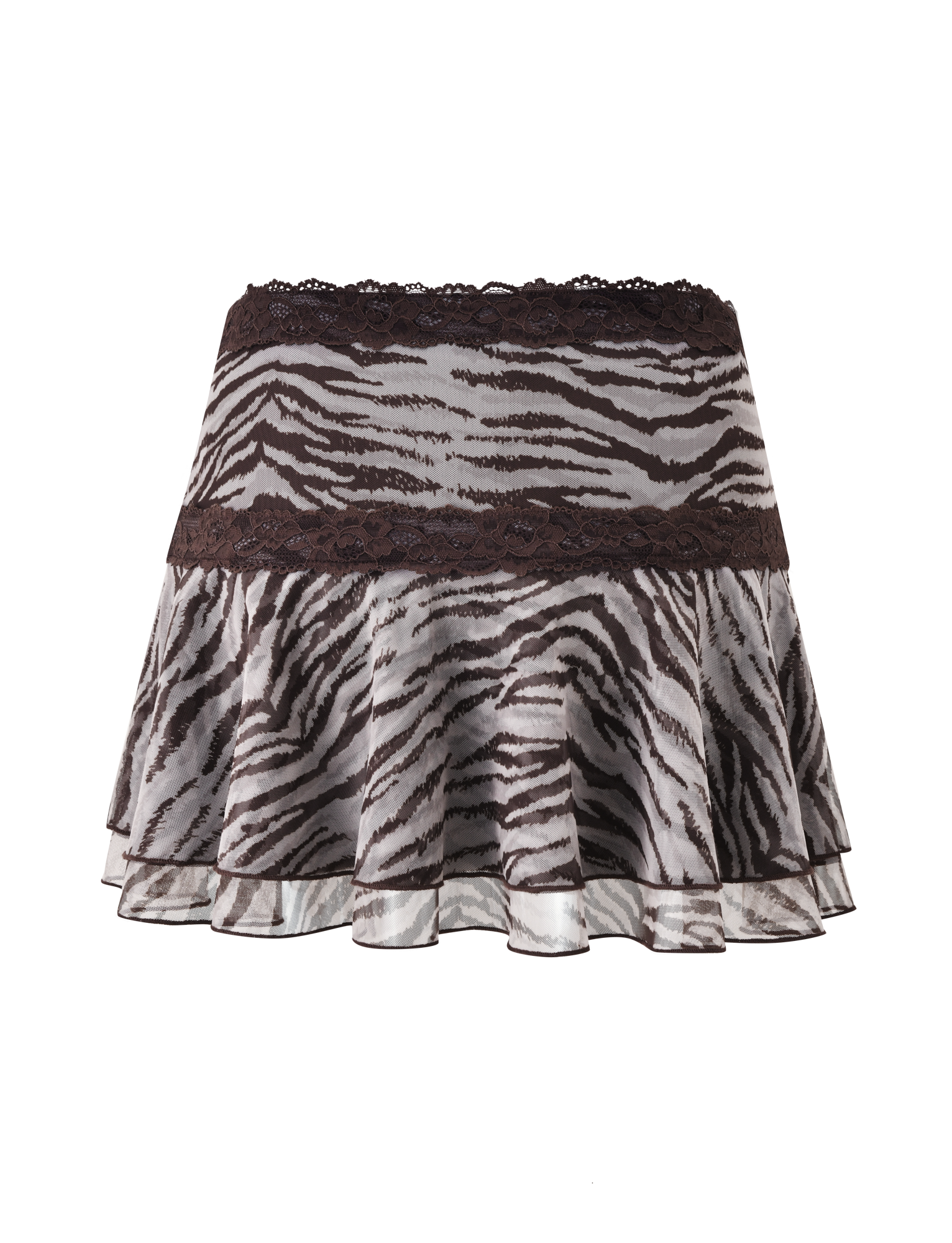 The VIRA MINI SKIRT - NEUTRAL ZEBRA by TIGERMIST features a black and white zebra print, a brown lace waistband, and a double tiered ruffle hem. Made from lightweight, slightly sheer fabric.