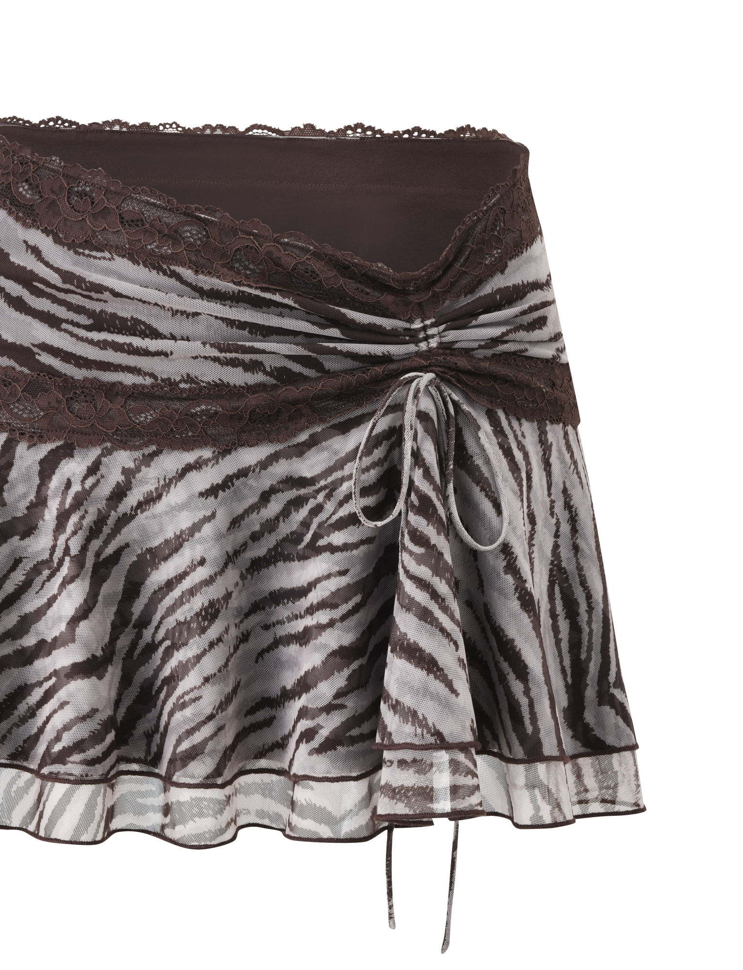 The VIRA MINI SKIRT by TIGERMIST features a neutral zebra print with lace-trimmed waistband, front decorative bow, and a flared brown-edged double-tiered ruffle hem for a playful look.