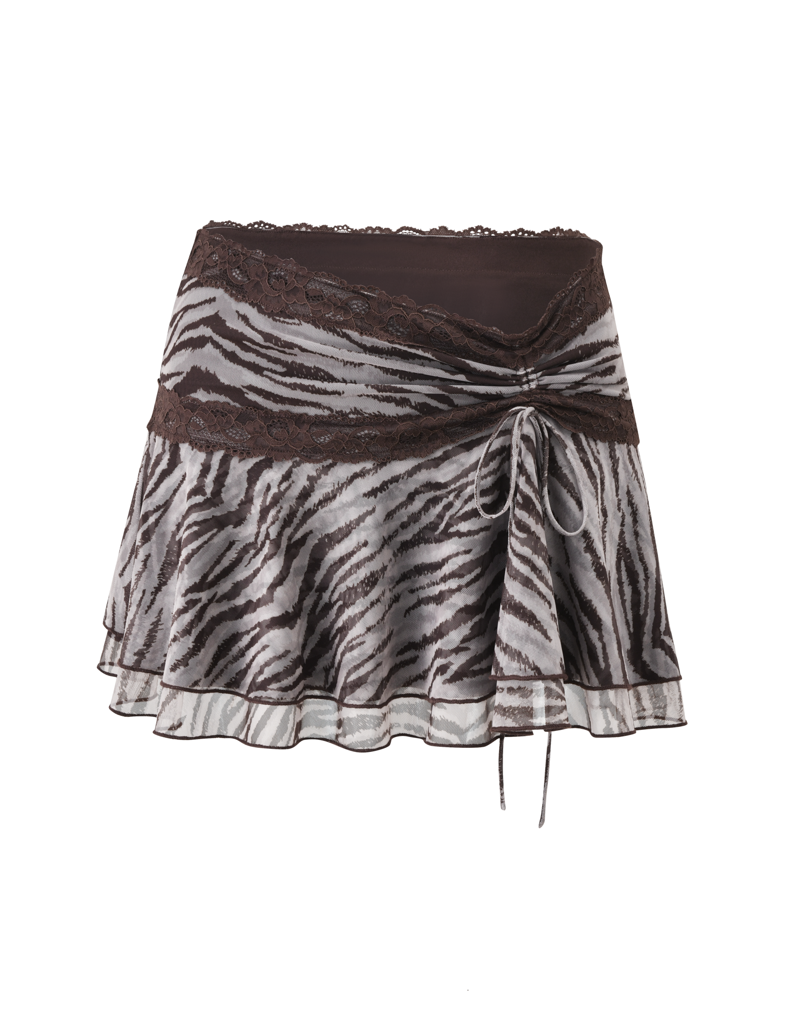The TIGERMIST VIRA MINI SKIRT - NEUTRAL ZEBRA features double ruffled tiers, lace trim at waist and hem, a side ribbon tie, and a flared zebra print silhouette for a playful look.