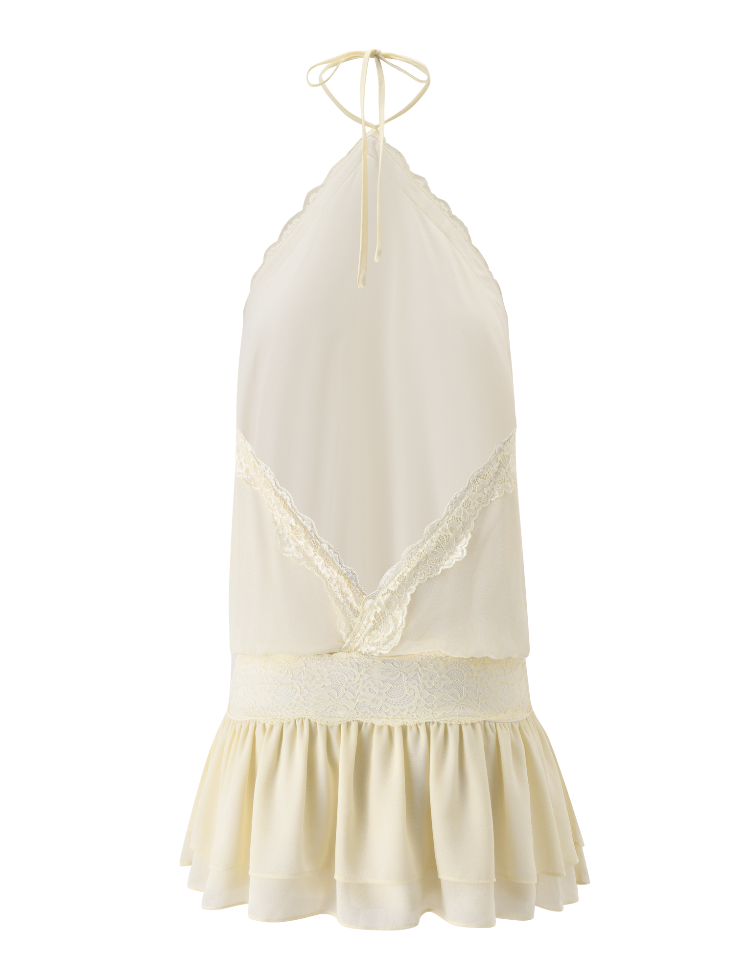 The TESSIE MINI DRESS in cream by TIGERMIST features a halter neckline, lace trim, deep V-lace front accent, elastic lace waistband, and ruffled hem. Made from soft, lightweight fabric—perfect for resort styling.