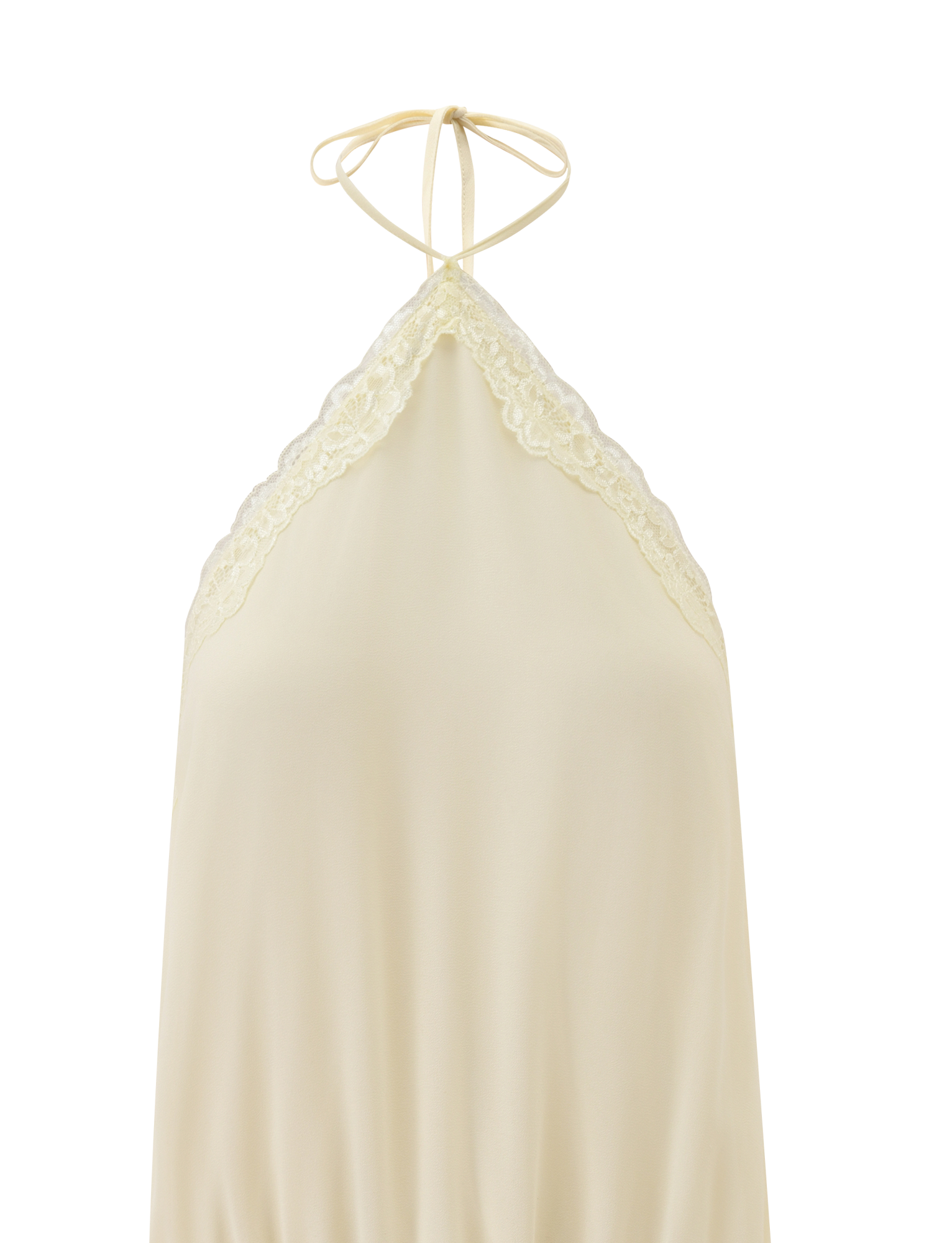 The TESSIE MINI DRESS by TIGERMIST features a cream hue, halter neck, delicate lace trim, silky fabric, and adjustable back ties—perfect for effortless resort style.