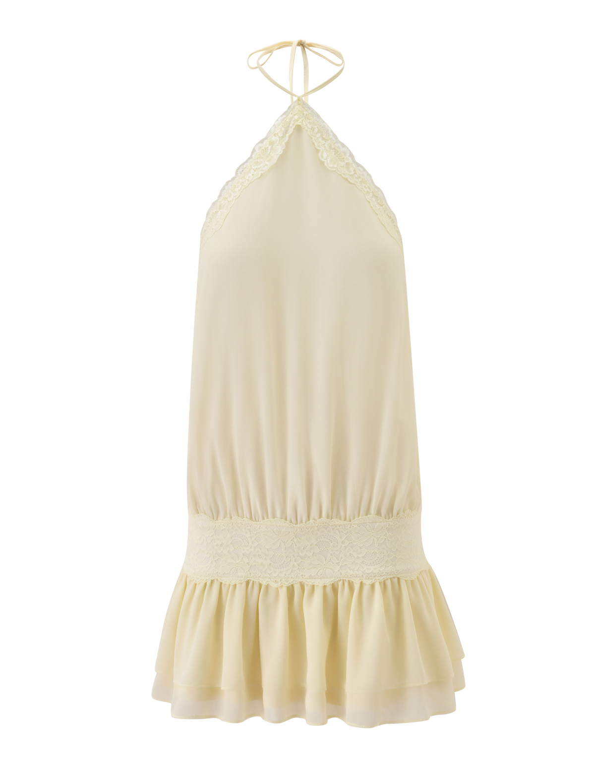 The TESSIE MINI DRESS by TIGERMIST is a cream, sleeveless halter neck mini dress with lace trim, gathered waist, ruffled skirt, and ties at the neck. Soft flowing fabric makes it perfect for effortless resort styling.