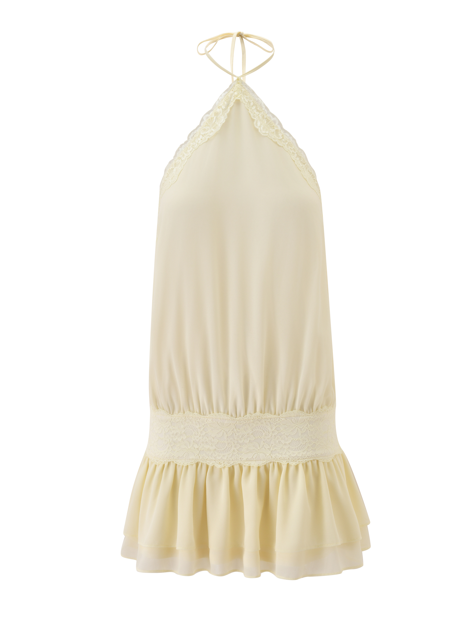 The TESSIE MINI DRESS by TIGERMIST is a cream, sleeveless halter neck mini dress with lace trim, gathered waist, ruffled skirt, and ties at the neck. Soft flowing fabric makes it perfect for effortless resort styling.