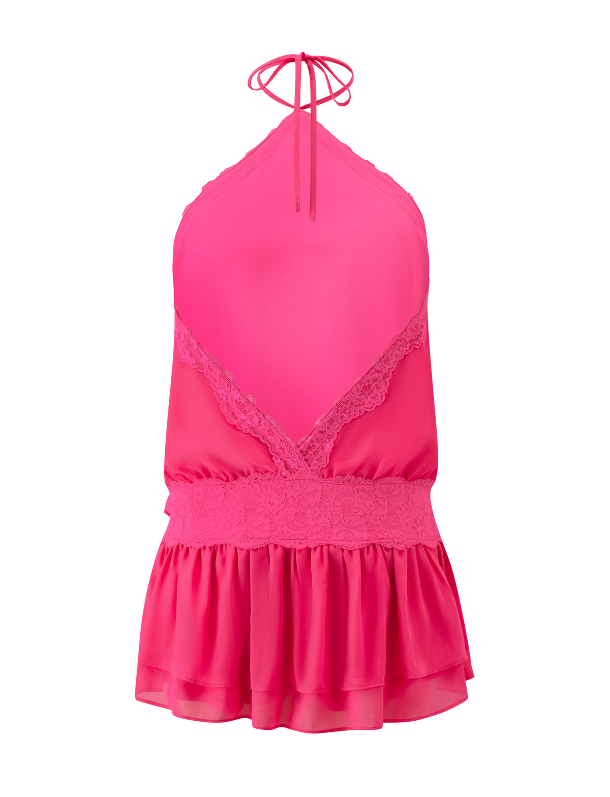 TESSIE MINI DRESS - HOT PINK in a mini silhouette featuring a halter neck with delicate lace trim at the bodice and waist.