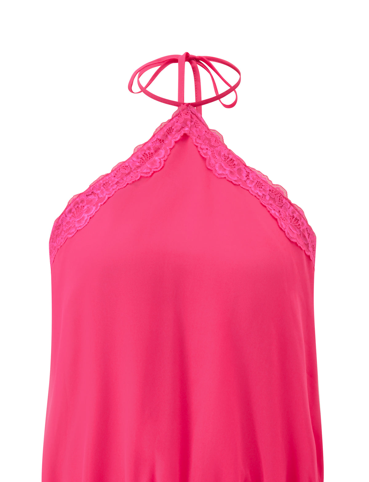 TESSIE MINI DRESS - HOT PINK hot pink halter-neck mini dress with lace trim.