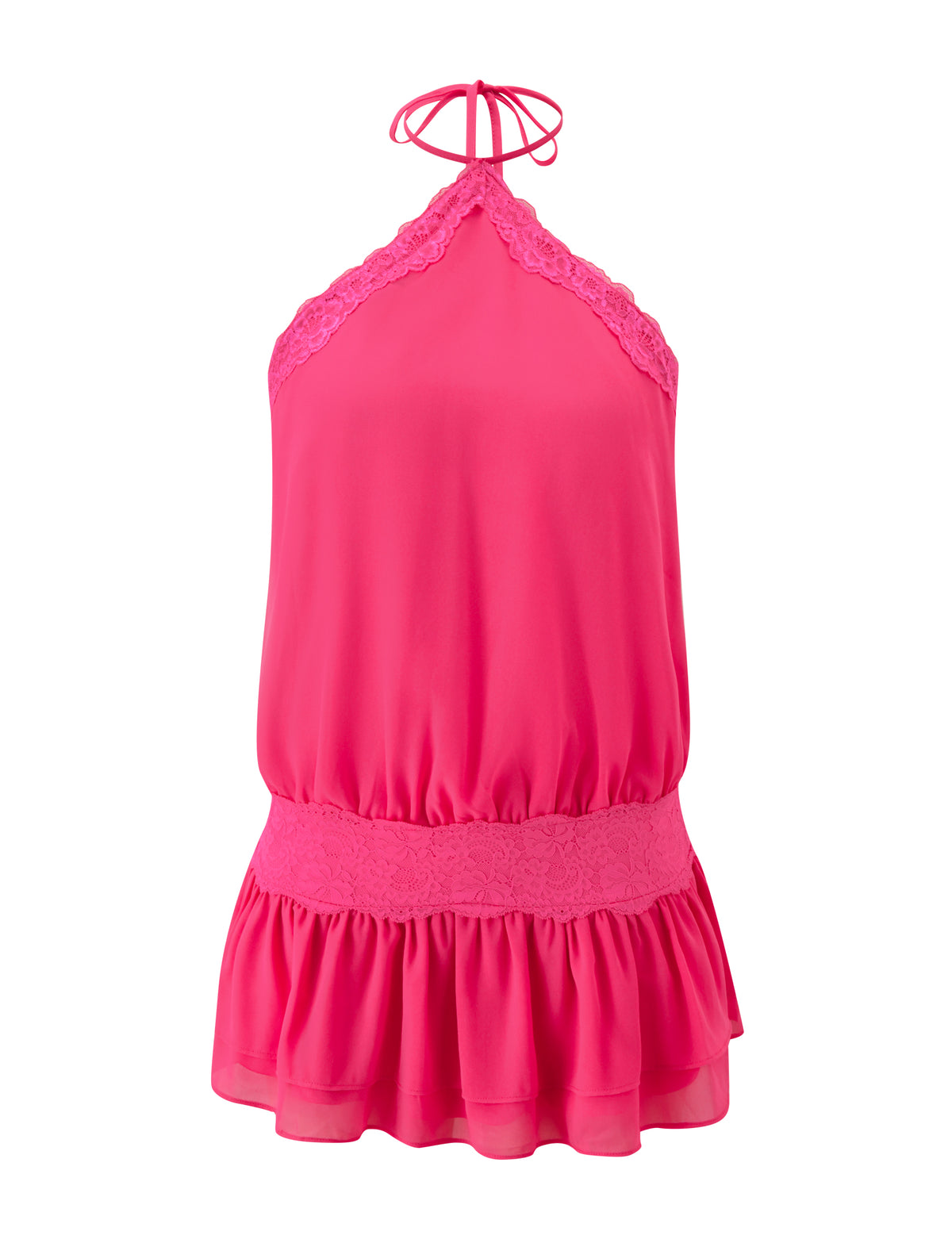 TESSIE MINI DRESS - HOT PINK in a halter-neck style with lace trim at the neckline and waist, featuring a gathered bodice and a ruffled hem.