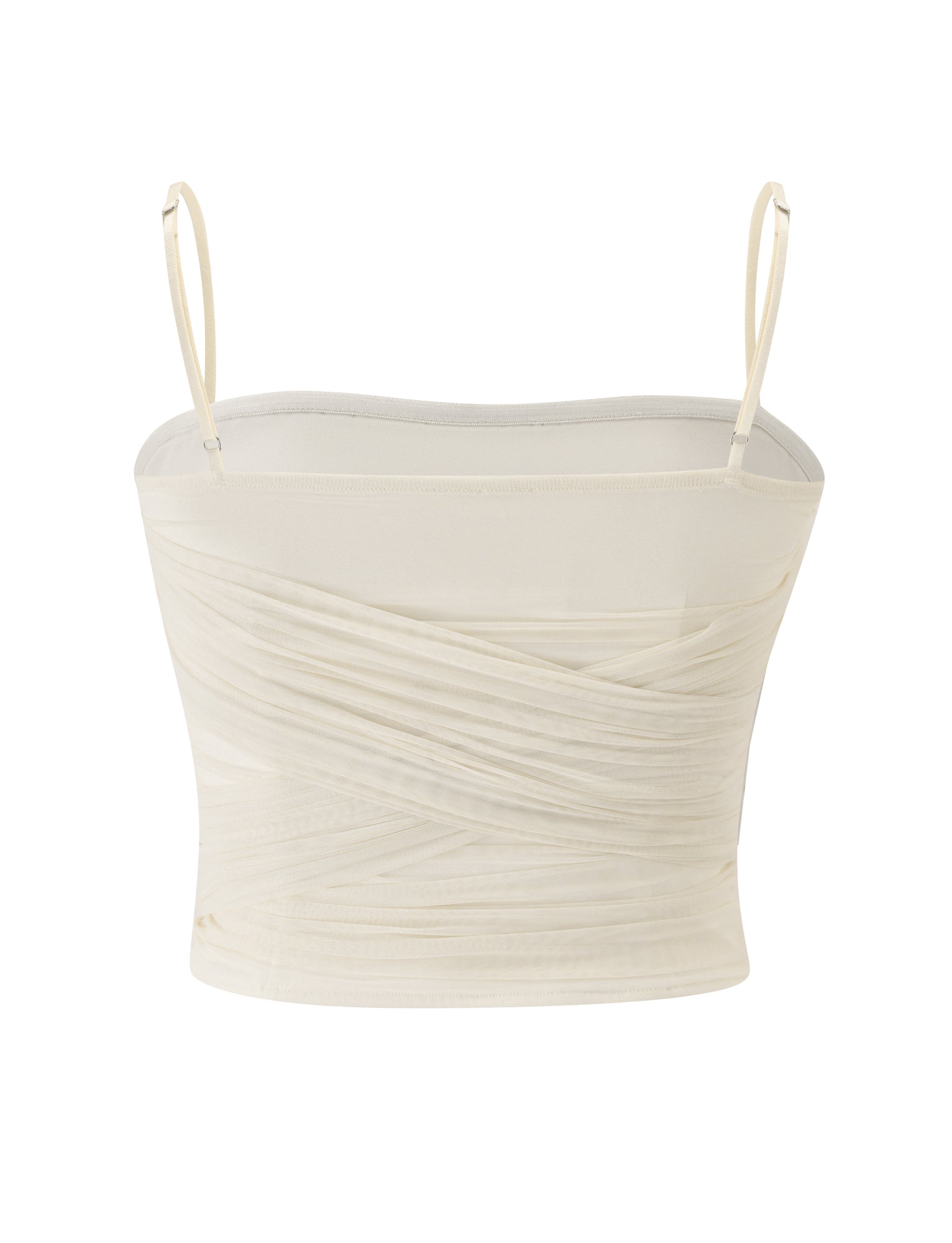 The JUNA TOP - CREAM by TIGERMIST is a cream-colored, sleeveless mesh cami featuring thin spaghetti straps and a fitted silhouette. The front is detailed with draped, ruched fabric and accented by delicate gold beaded trim, shown against a white background.