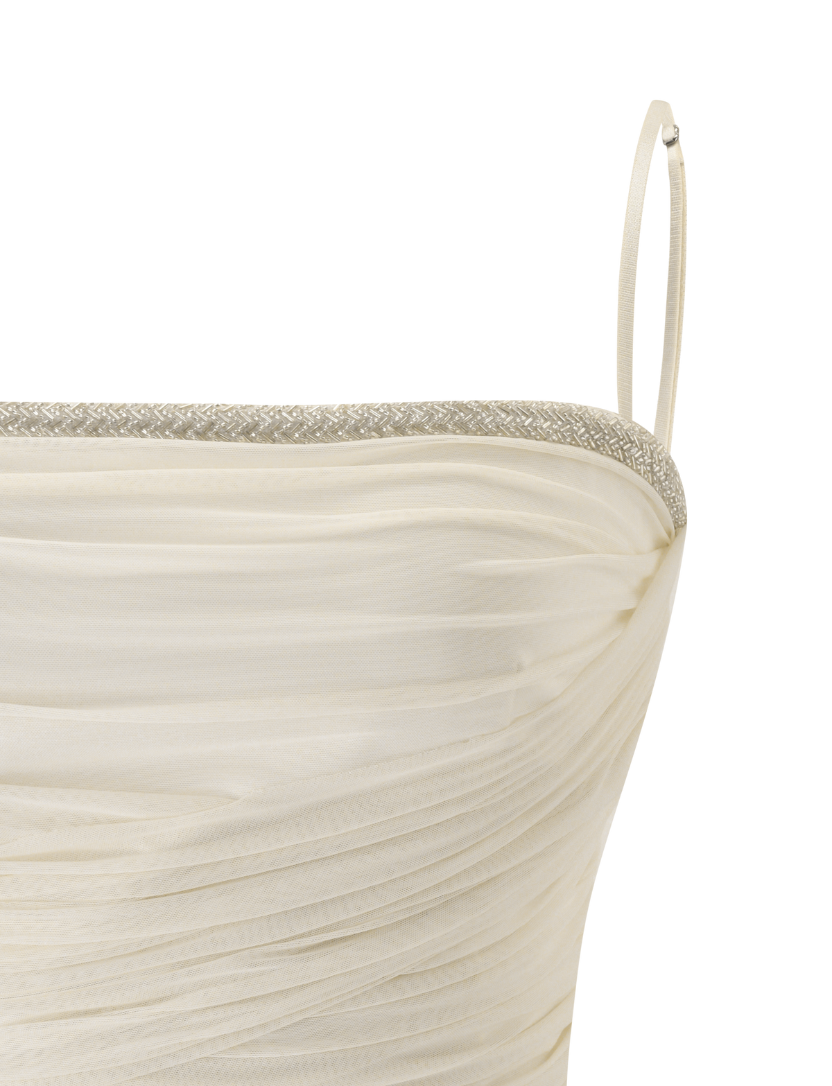 Close-up of the JUNA TOP in cream by TIGERMIST, featuring thin adjustable bra straps, white ruched fabric, and a silver beaded trim along the top edge, set against a plain white background.
