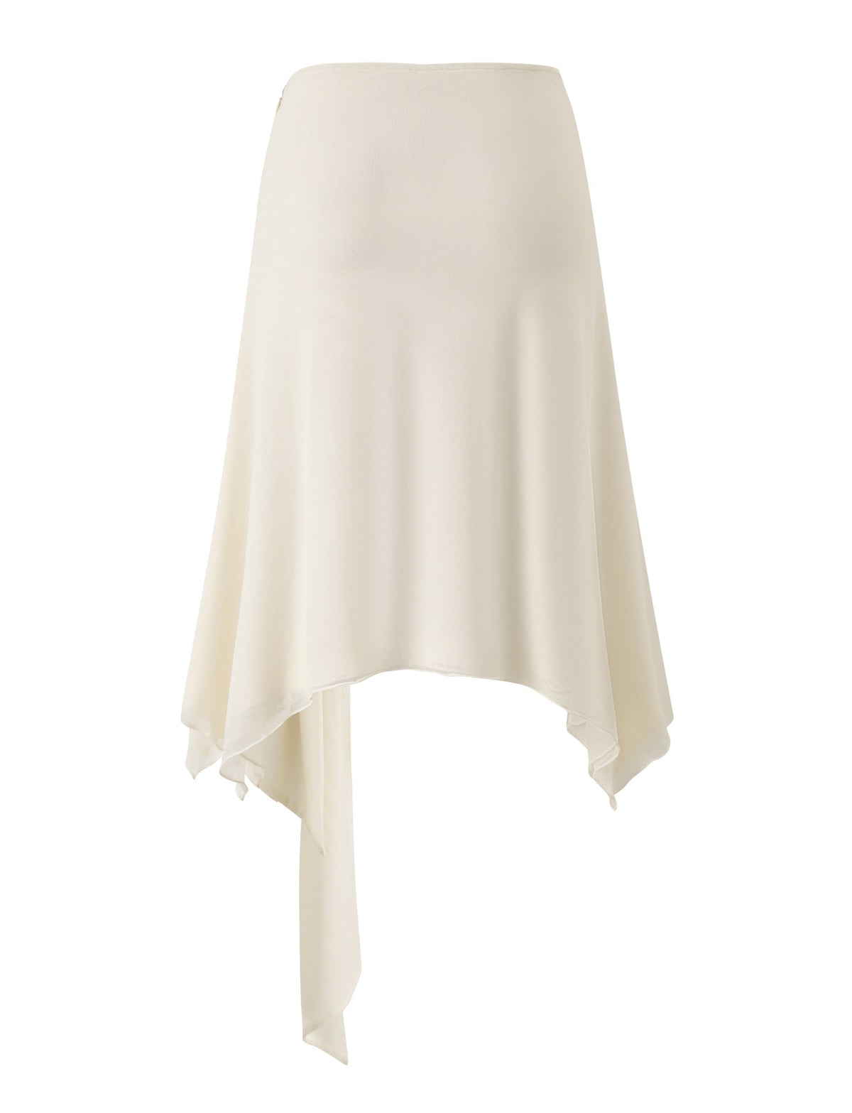 The JUNA MIDI SKIRT in cream by TIGERMIST features an asymmetrical mesh design with a handkerchief hem and delicate gold beaded trim, crafted from lightweight fabric and shown against a white background.