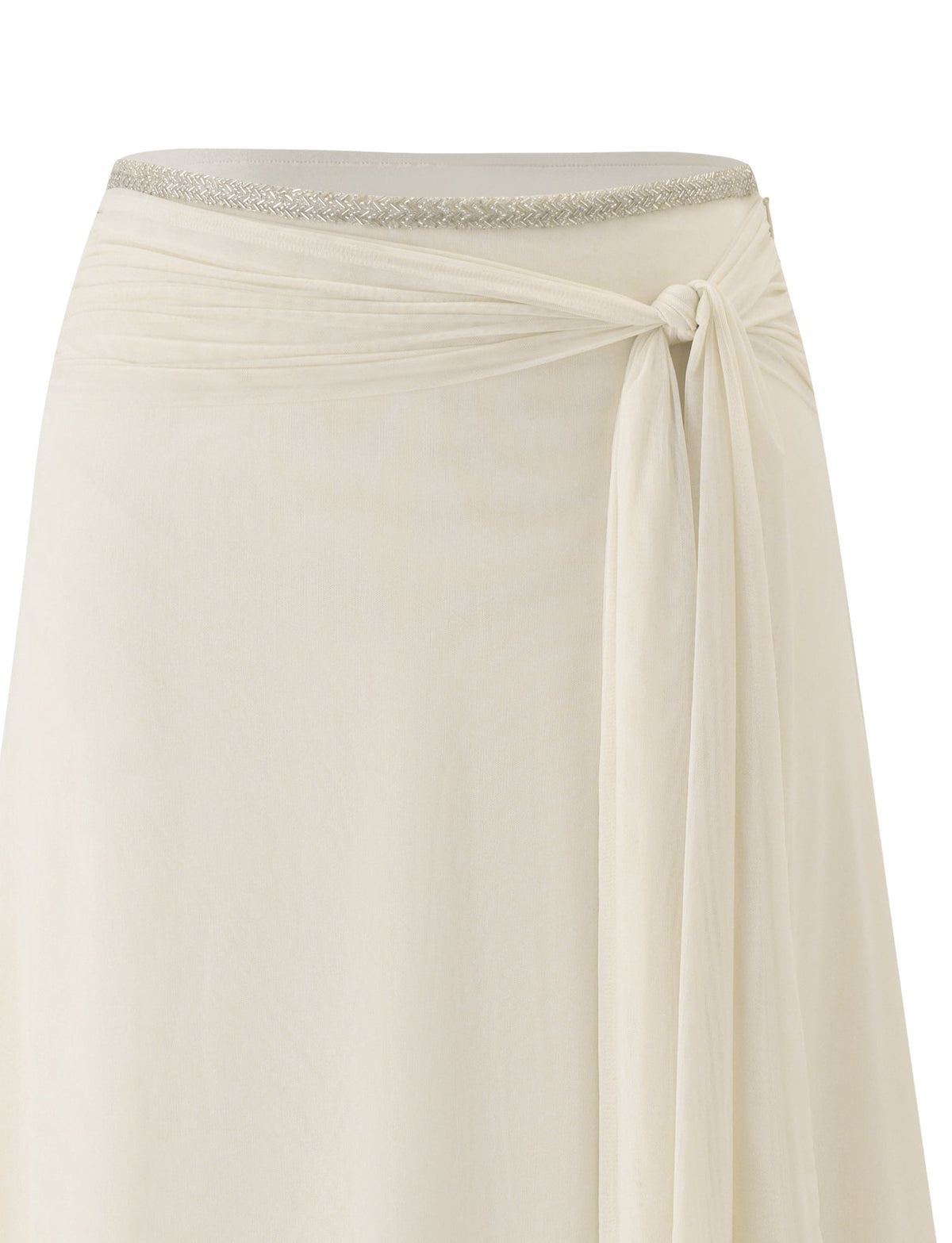 The JUNA MIDI SKIRT - CREAM by TIGERMIST is a cream-colored mesh midi skirt featuring a silver waistband, side tie, and delicate gold beaded trim, shown against a white background—the perfect choice for date night.