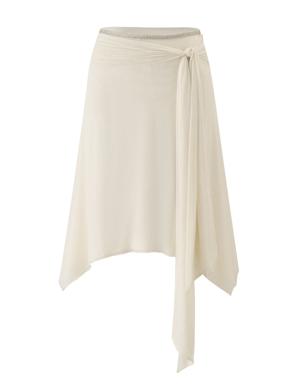 The JUNA MIDI SKIRT in cream by TIGERMIST features an asymmetrical hem, a right-side tie detail, and a delicate gold beaded trim. Styled on a plain white background, this mesh midi skirt is the perfect romantic option for your next date night.
