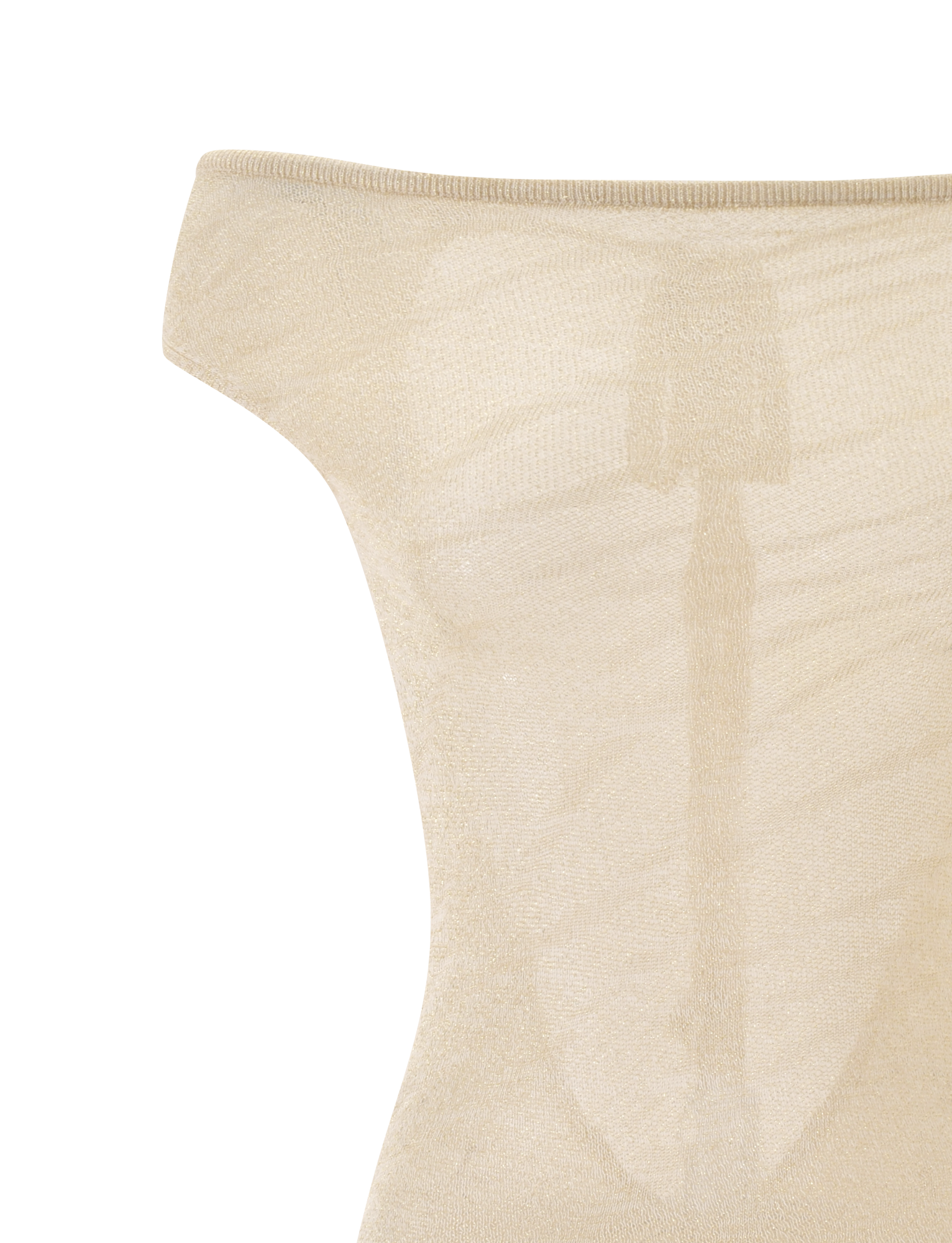 Close-up of the ANIA MINI DRESS - GOLD by TIGERMIST, displayed on a white background. The sheer, off-the-shoulder design highlights the garment’s transparency and textured knit fabric.