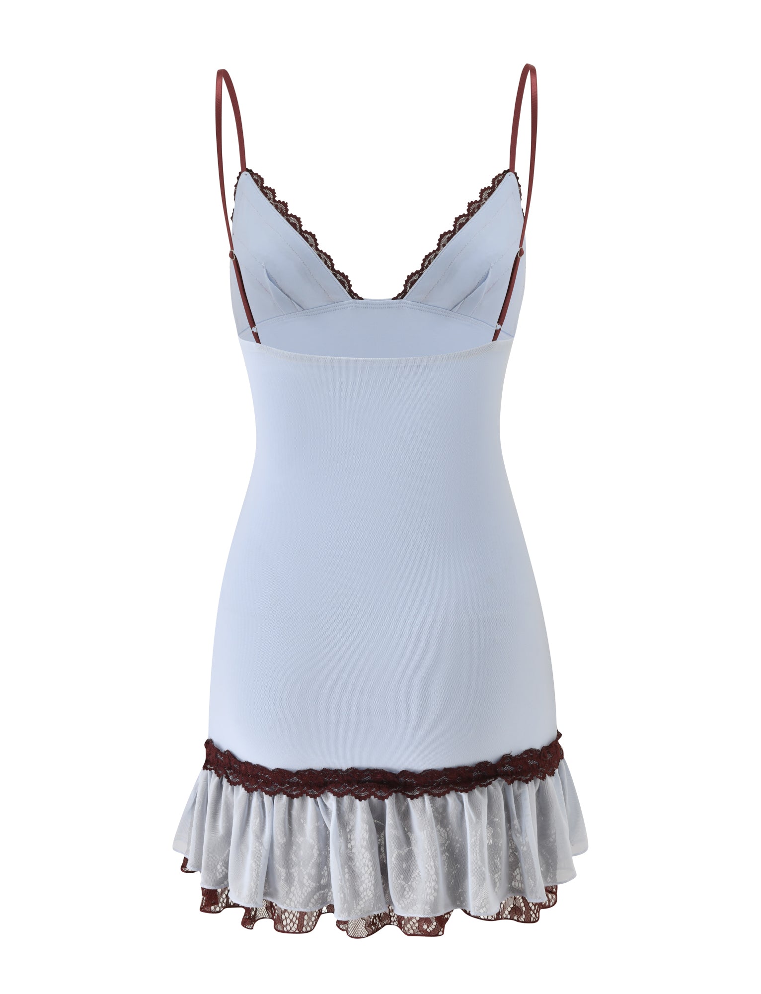 Discover timeless elegance and comfort with the TIGERMIST ARIES MINI DRESS in blue and brown: a sleeveless, light blue mini dress featuring adjustable shoulder straps, delicate lace trim on the neckline, a contrasting maroon lace waistband, and a ruffled lace hem—combining versatile style in a fitted silhouette.