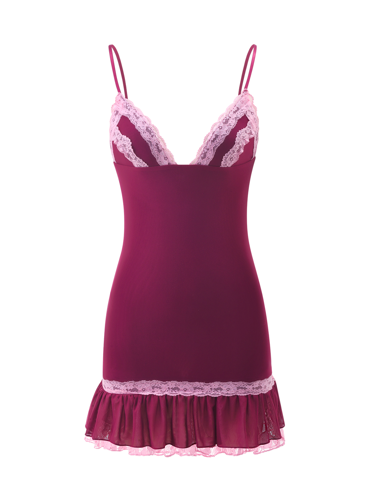 ARIES MINI DRESS - PLUM JAM plum-colored mini dress with thin straps, a V-neckline trimmed with pink lace, a ruffled hem, and a fitted silhouette.