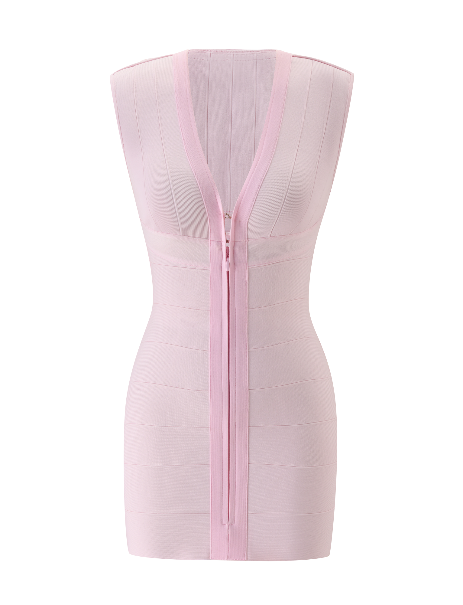 The TIGERMIST EMBER MINI BANDAGE DRESS in baby pink is a sleeveless mini dress with a plunging V-neckline and a front zipper from neckline to hem, shown against a plain white background.