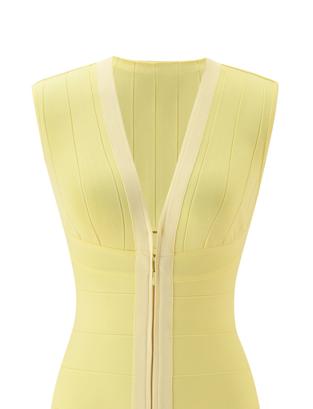 TIGERMIST EMBER BANDAGE MINI DRESS in butter yellow features a sleeveless, fitted silhouette with a deep V-neckline, visible front zipper, and vertical ribbed detailing on the bodice, styled against a white background.