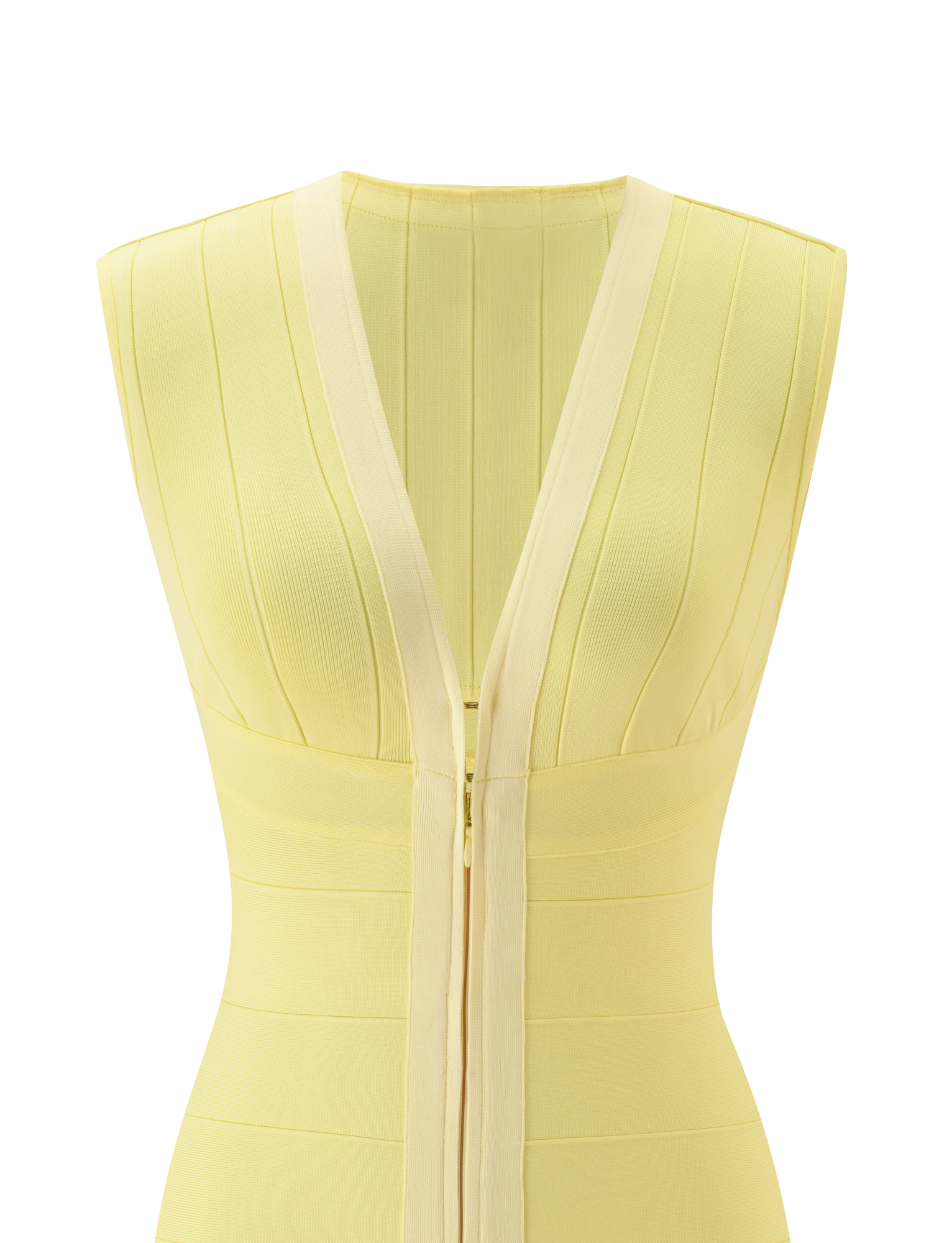 The TIGERMIST EMBER MINI BANDAGE DRESS in butter yellow features a sleeveless, sculpted fit with a V-neckline, vertical ribbed details, and a front zipper in a bandage-style mini design.