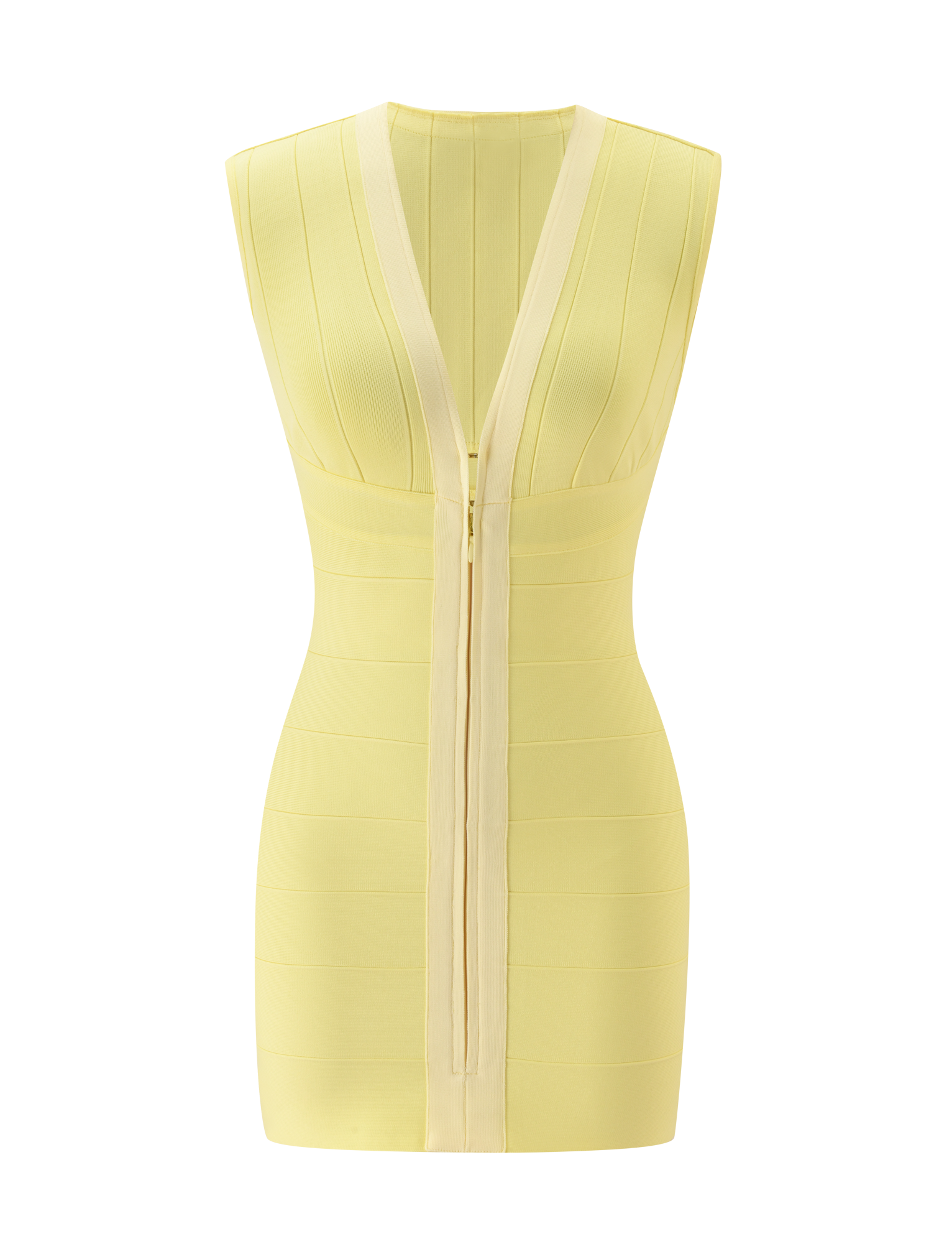 The TIGERMIST EMBER Mini Bandage Dress in butter yellow features a sleeveless, sculpted fit with vertical ribbed detailing, a deep V-neckline, and a central front zipper.