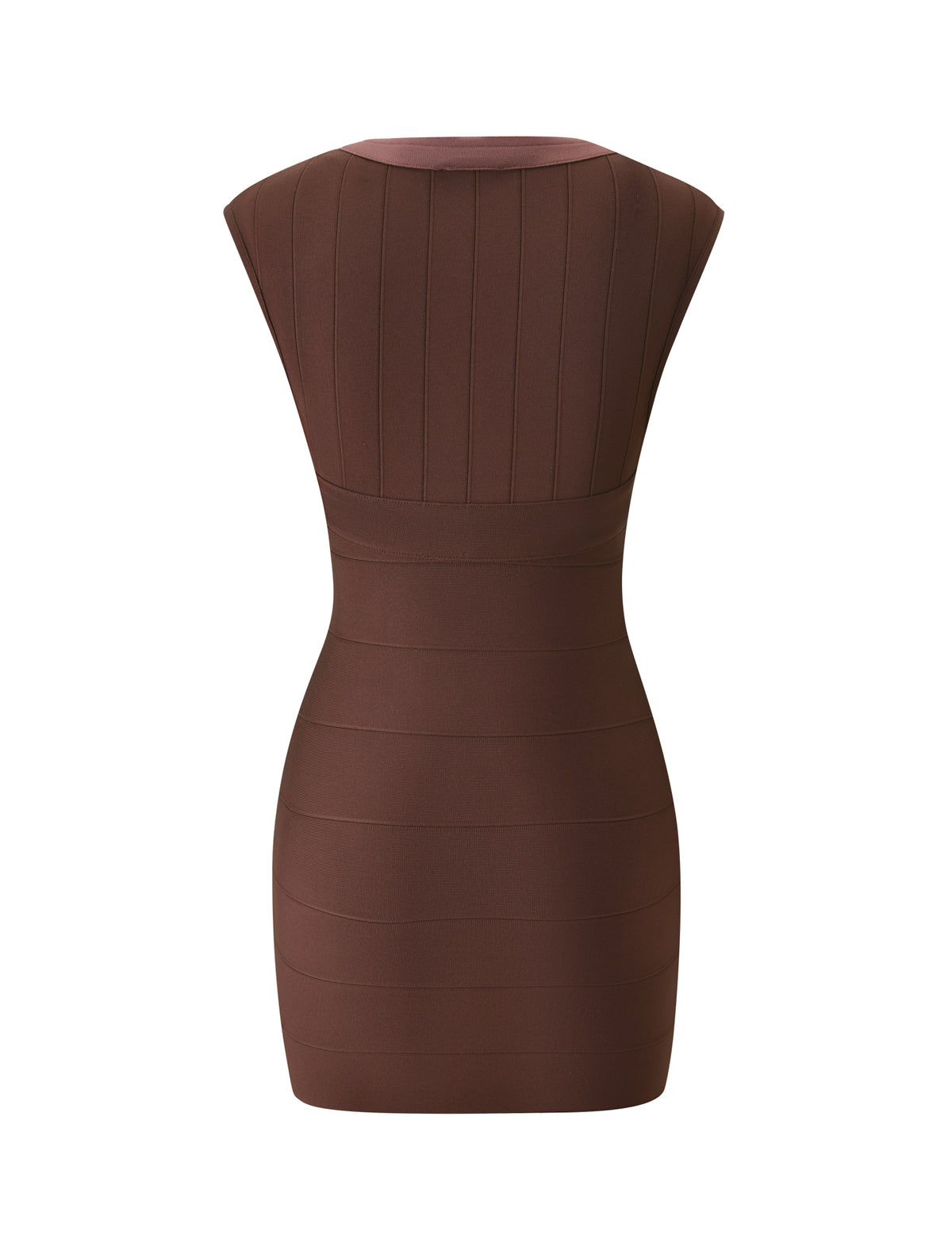 Back view of the chocolate brown EMBER BANDAGE MINI DRESS, featuring a sleeveless, ribbed bodice and a horizontal paneled, bodycon mini skirt.