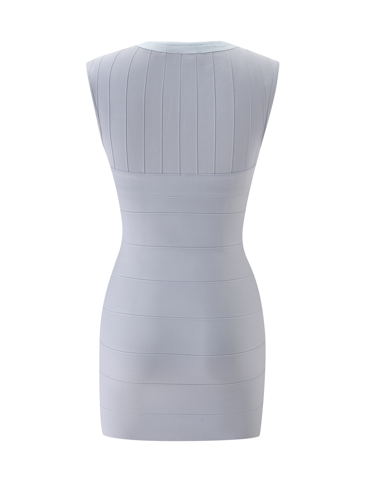 The TIGERMIST EMBER MINI BANDAGE DRESS in dove grey is a sleeveless mini dress with vertical and horizontal seam lines at the back for a sculpted, structured fit.
