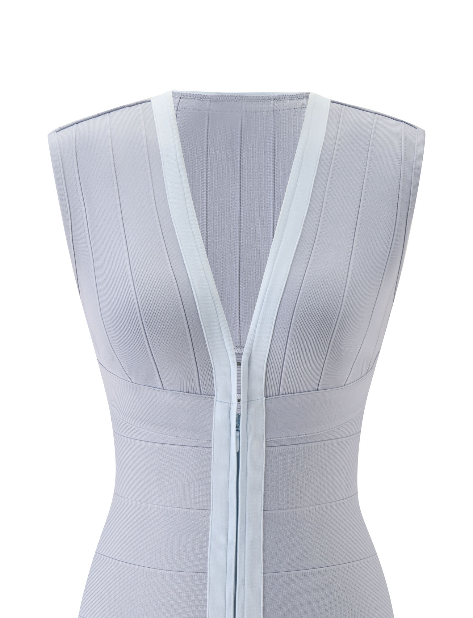The EMBER MINI BANDAGE DRESS by TIGERMIST features a sleeveless dove grey design with vertical ribbed texture, deep V-neckline, white trim at the neckline and zipper, and a sculpted fit for a flattering modern silhouette.