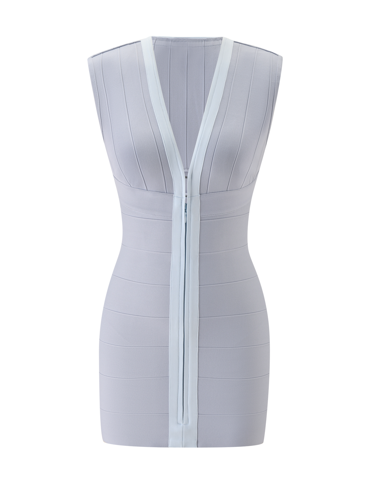 The EMBER BANDAGE MINI DRESS by TIGERMIST is a sleeveless dove grey mini dress with a deep V-neckline, vertical seam detailing, and a central zipper extending from the neckline to the hem.