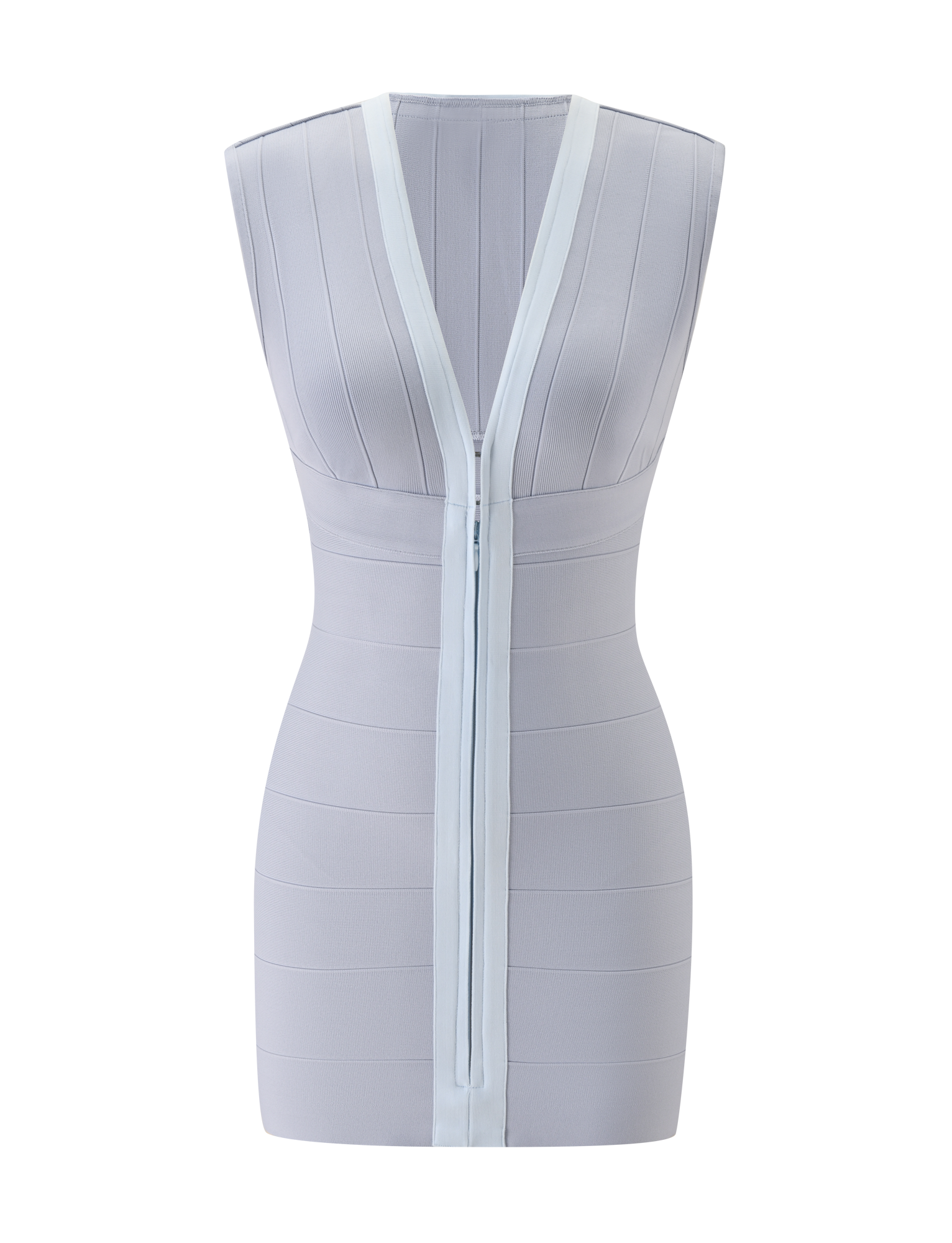The TIGERMIST EMBER MINI BANDAGE DRESS in dove grey features a sleeveless, form-fitting silhouette with vertical paneling and a deep V-neckline accented by light blue trim, shown against a plain white background for a sculpted fit.