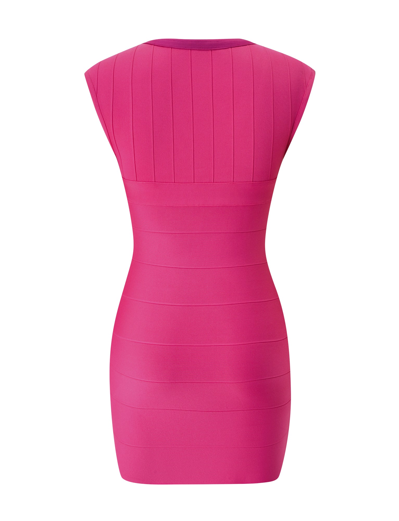 The TIGERMIST EMBER BANDAGE MINI DRESS in magenta is shown from the back, showcasing its paneled design, bodycon fit, and mini length—making it the perfect summer dress for any occasion.