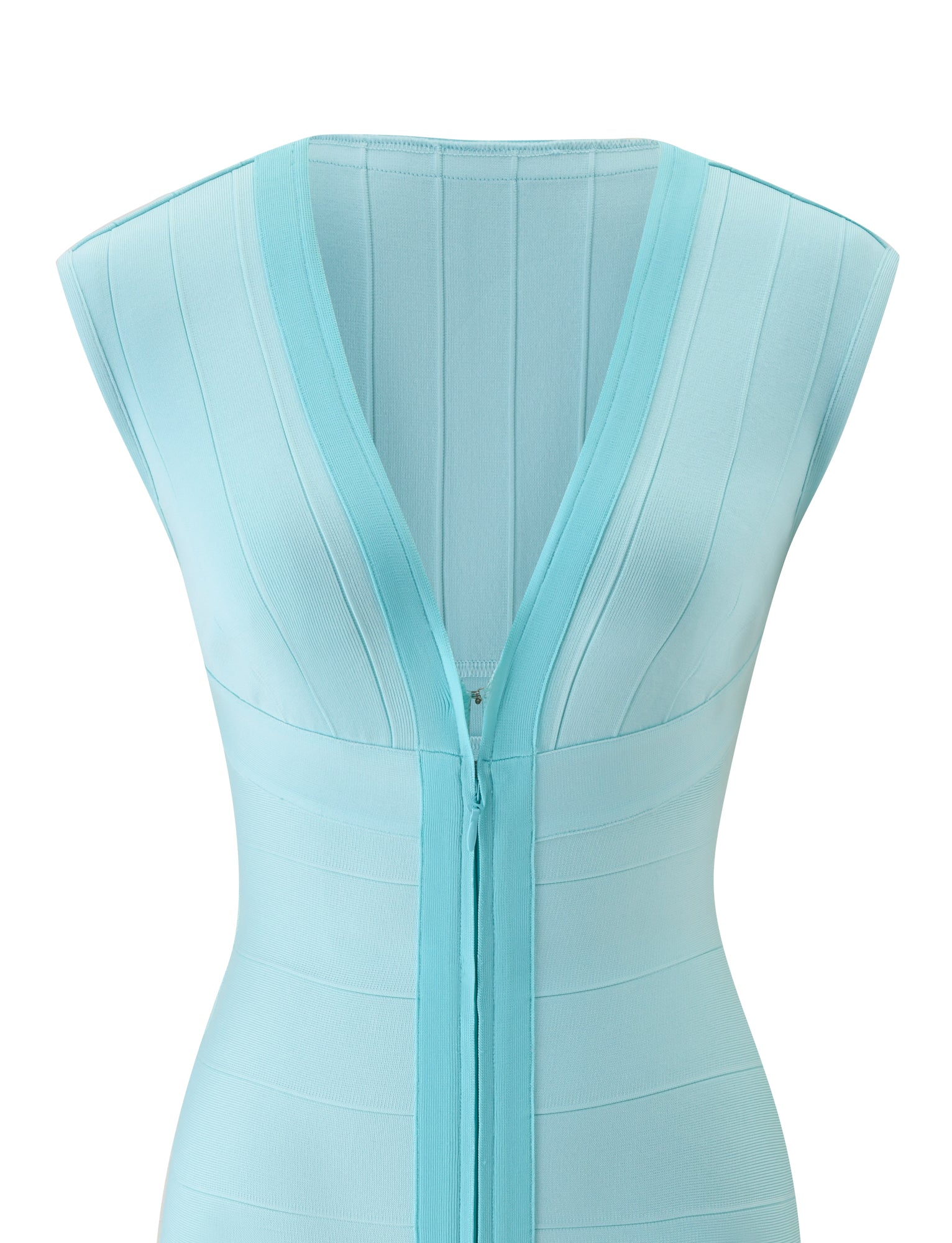 The EMBER BANDAGE MINI DRESS by TIGERMIST is a sleeveless, minty blue bodycon dress featuring a deep V-neckline and vertical seam details, displayed from the front against a plain background.